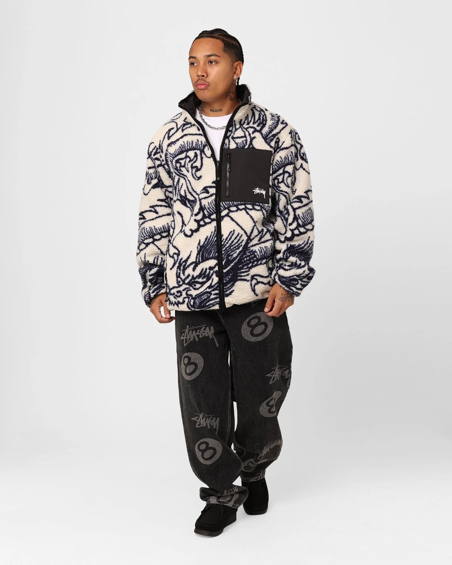 Stussy Dragon Sherpa Jacket Natural Loop Fastened Hood Skinny Fit