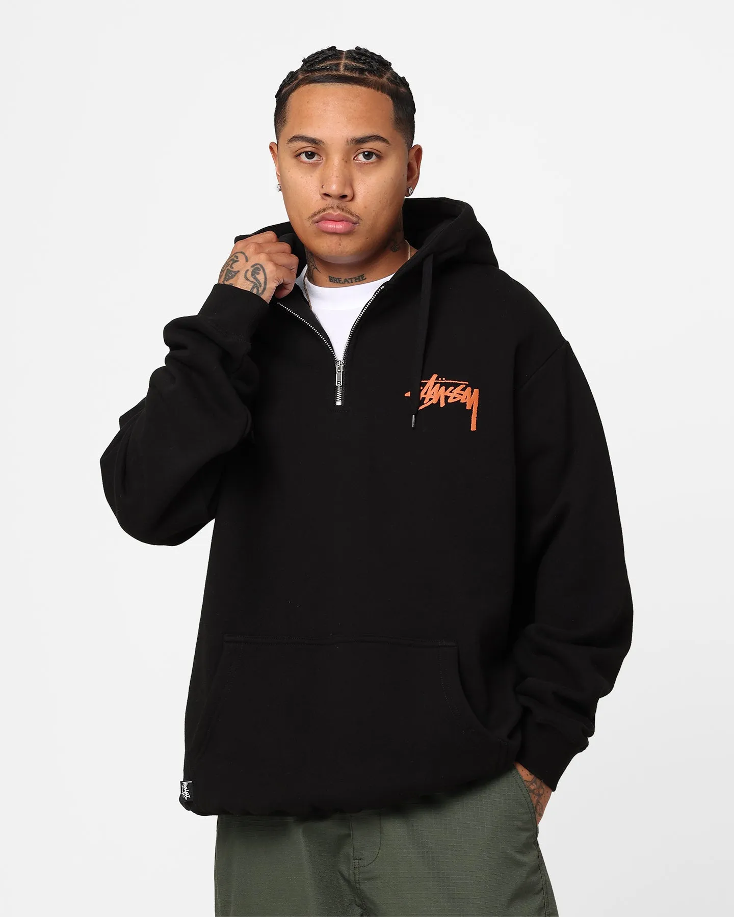 Stussy How We're Living 1/4 Zip Fleece Hoodie Solid Black sunny - day look Flexible Shell