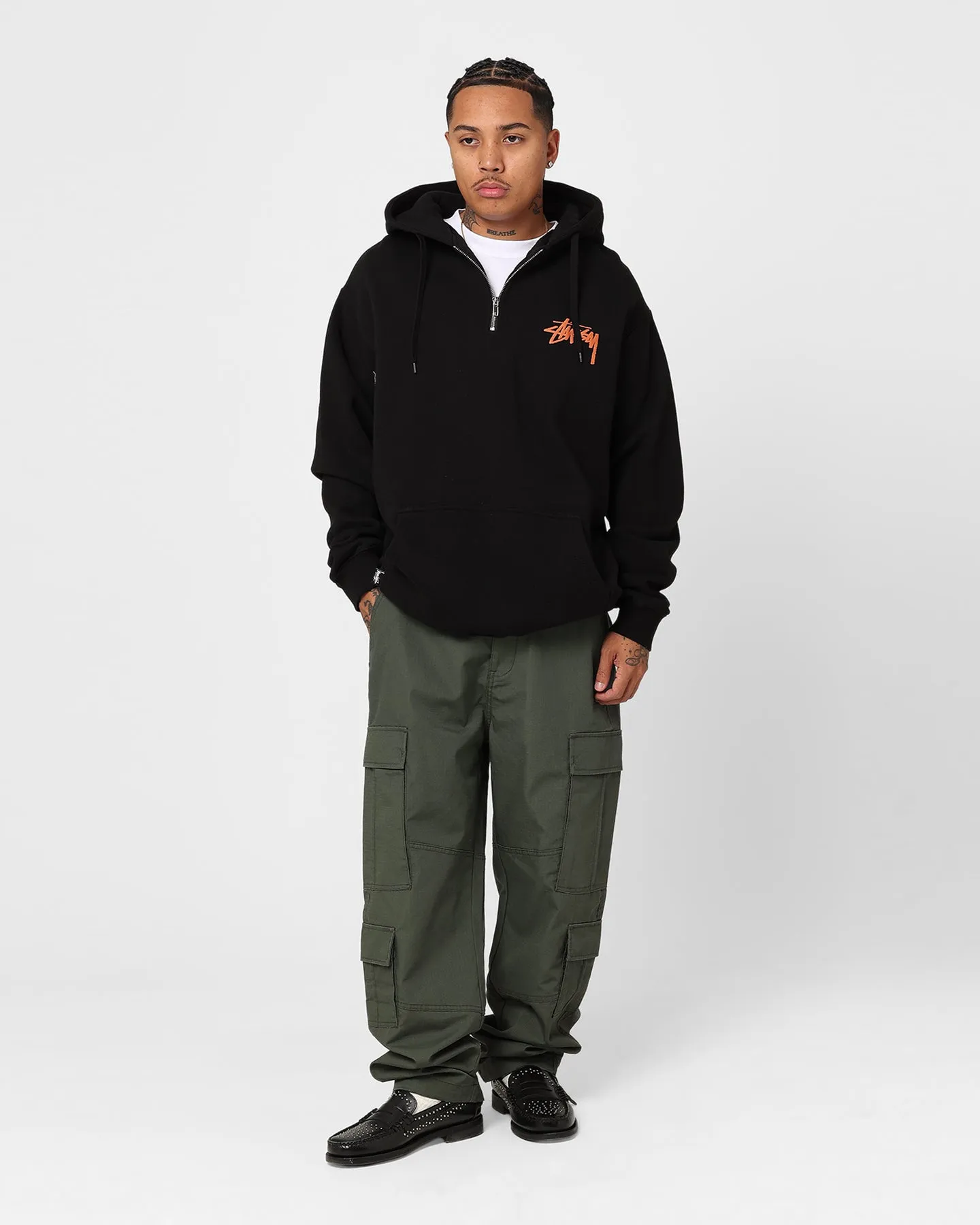 snowboarder Razor Stussy How We're Living 1/4 Zip Fleece Hoodie Solid Black