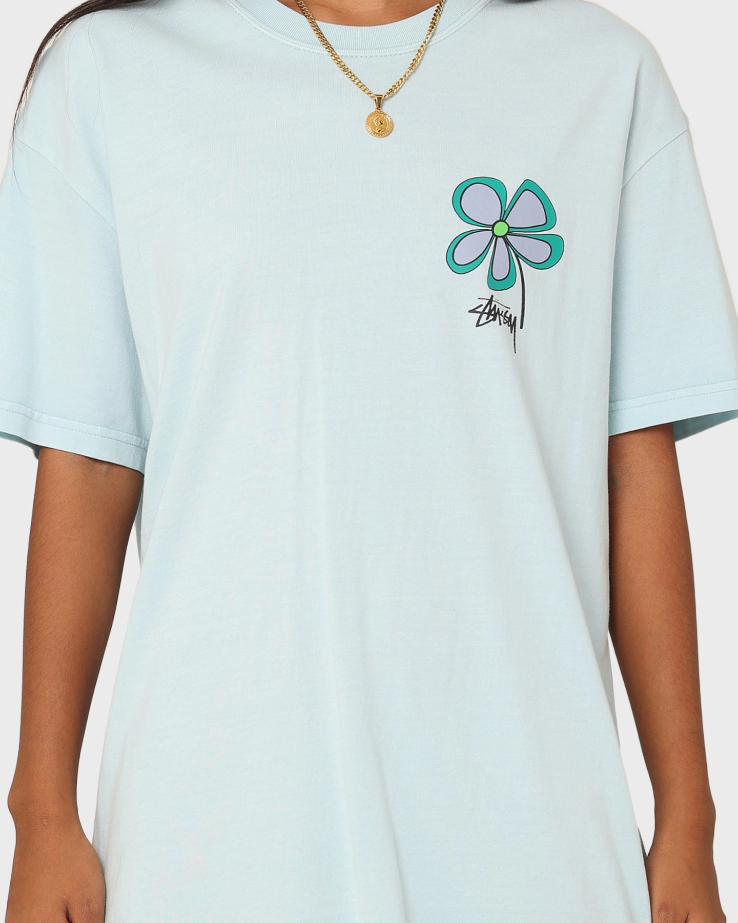 Fashionable Wear Circular Knit Construction Stussy Flower 50-50 T-Shirt Pigment Light Blue