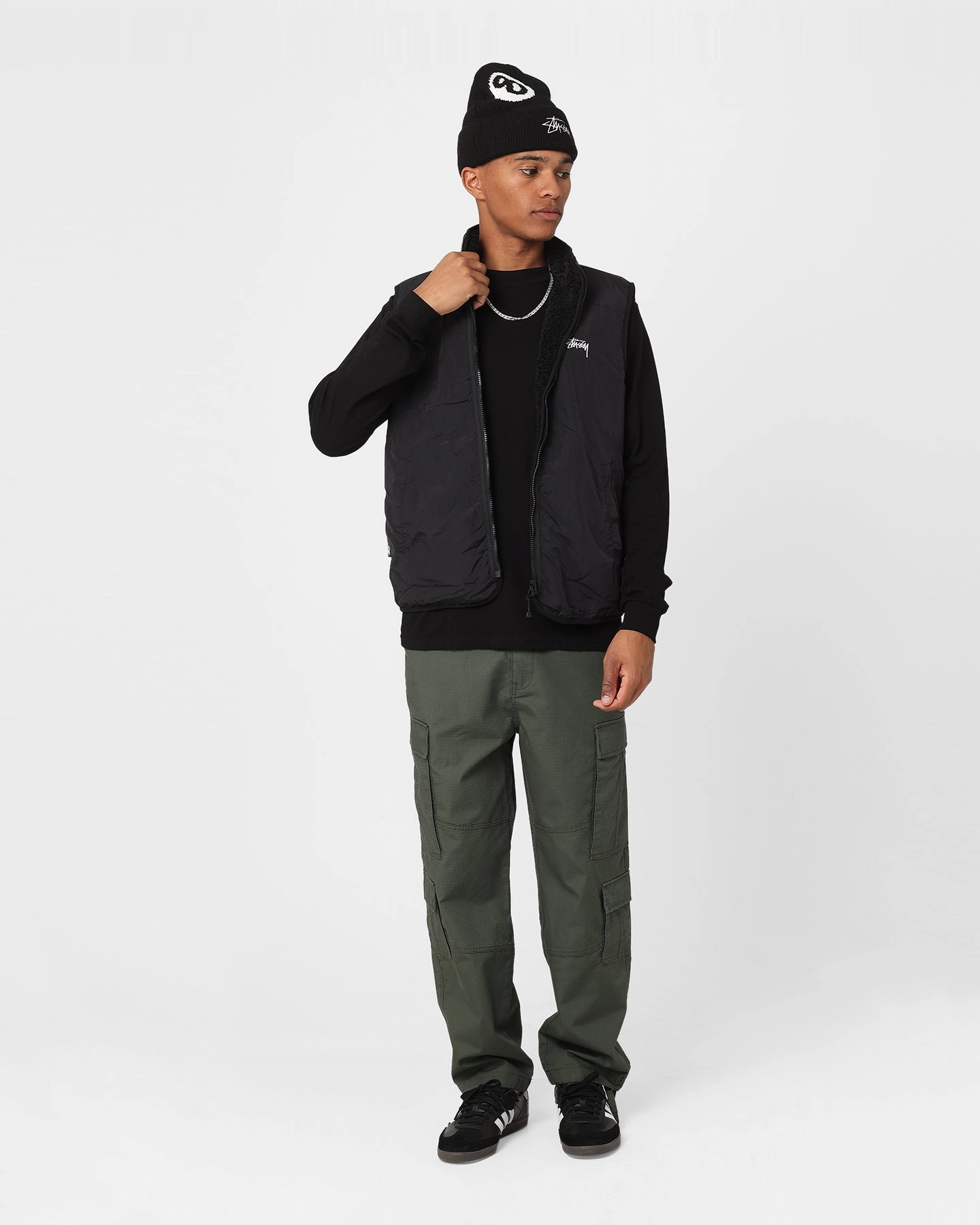 Stussy Reversible Stock Sherpa Jacket Black Heavy Duty Zippers