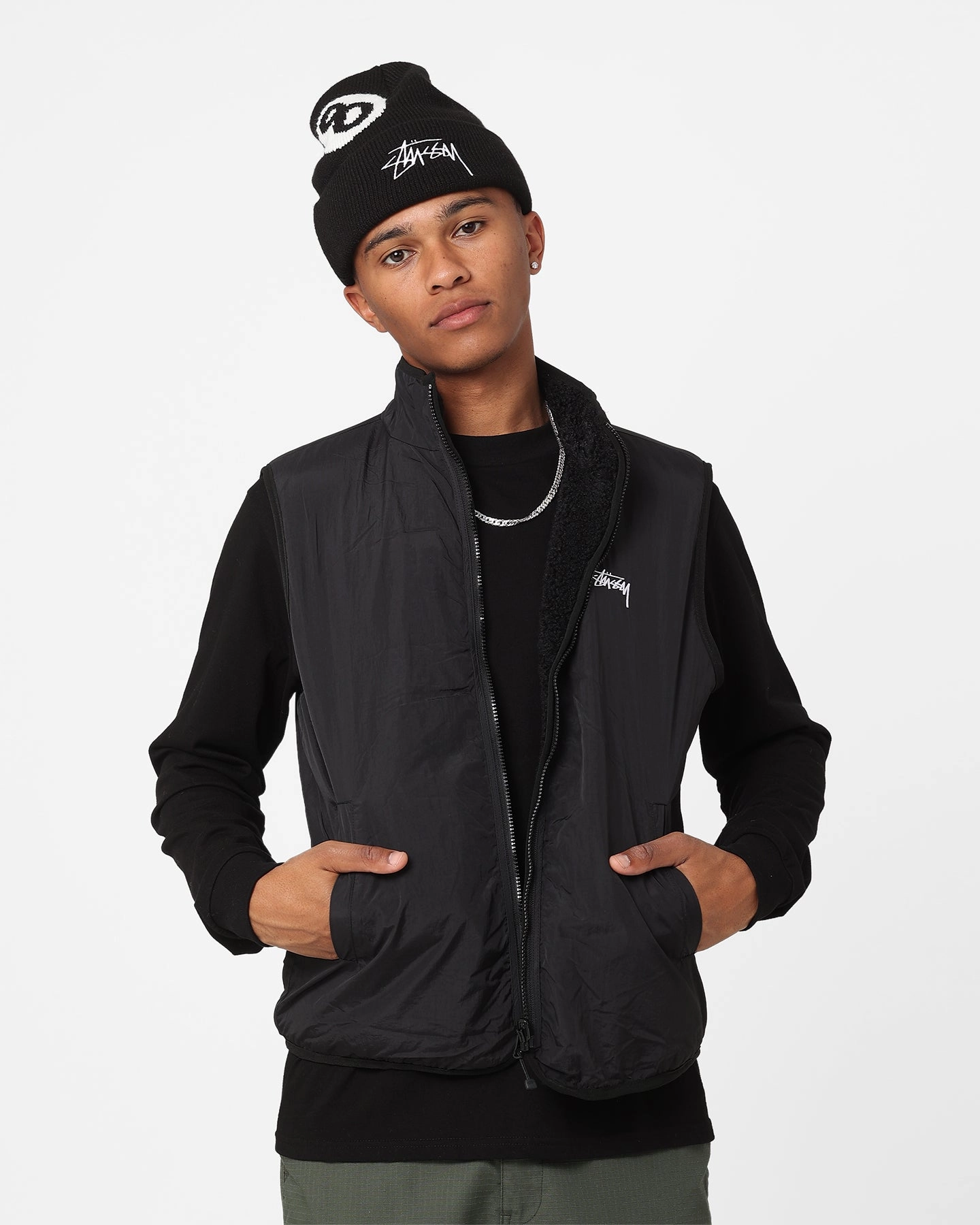 Mask Stussy Reversible Stock Sherpa Jacket Black