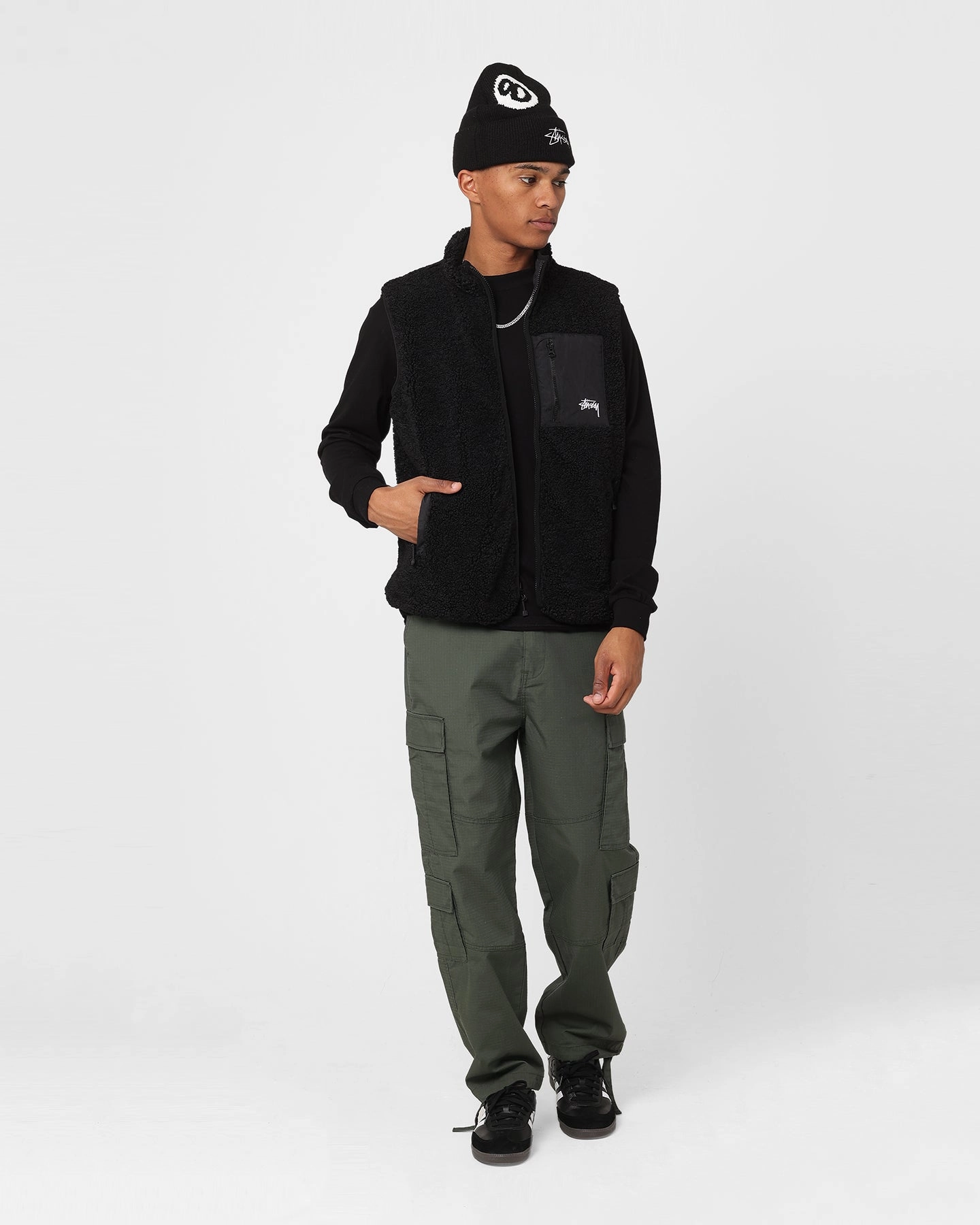 Fashionable Shield Treasure Stussy Reversible Stock Sherpa Jacket Black