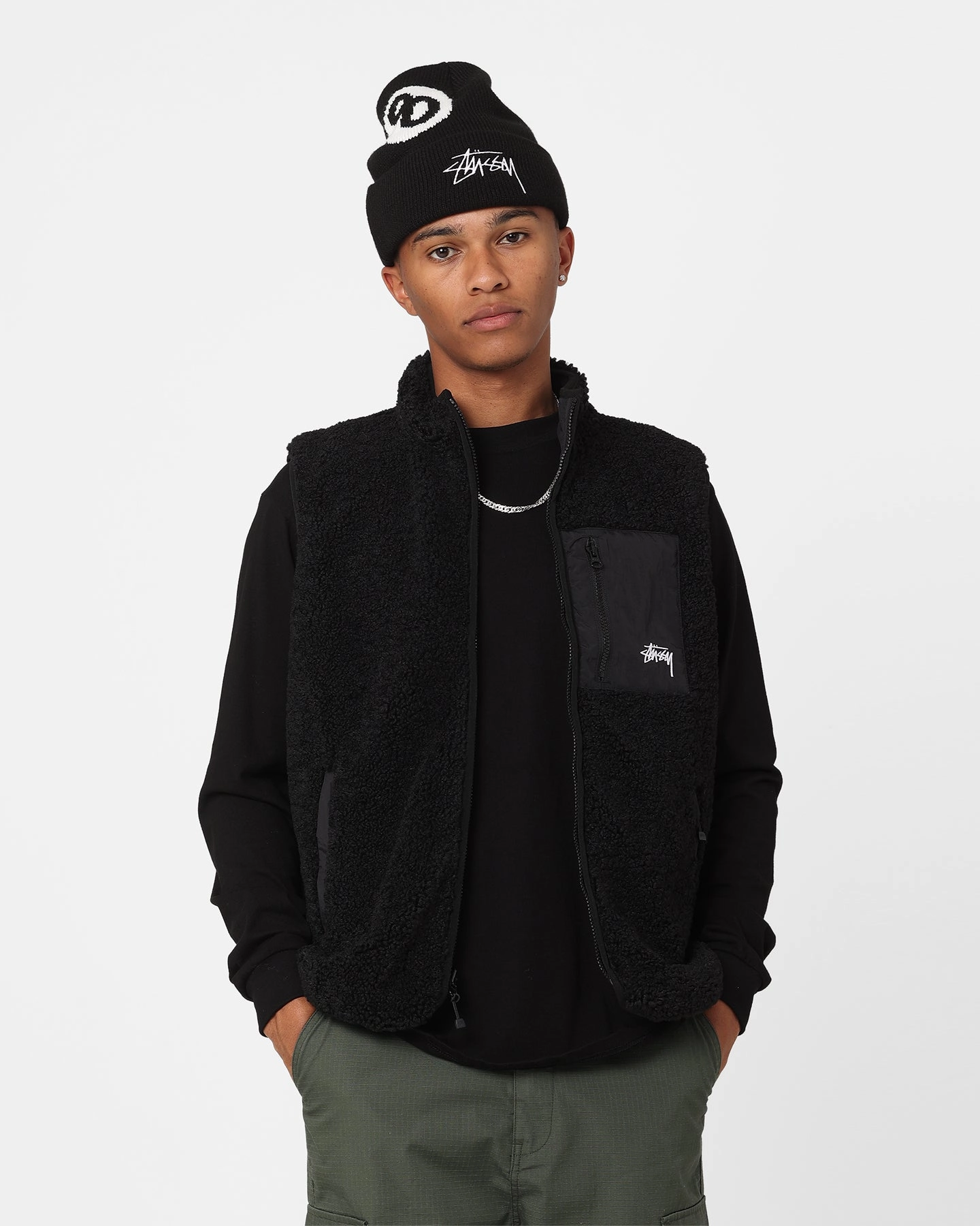 Stussy Reversible Stock Sherpa Jacket Black Premium Fit suitable for sports games