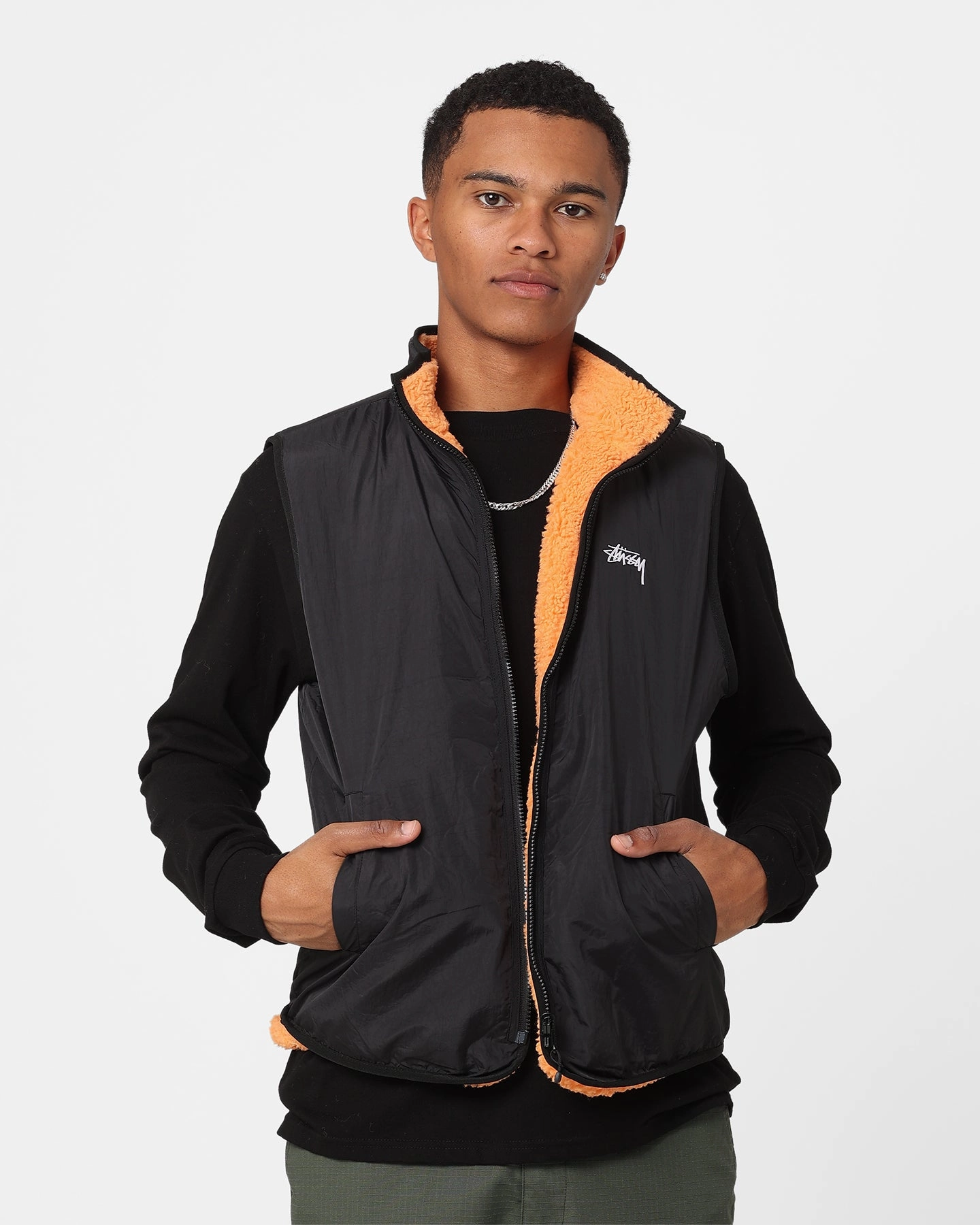 Stussy Reversible Stock Sherpa Jacket Orange Excellence White