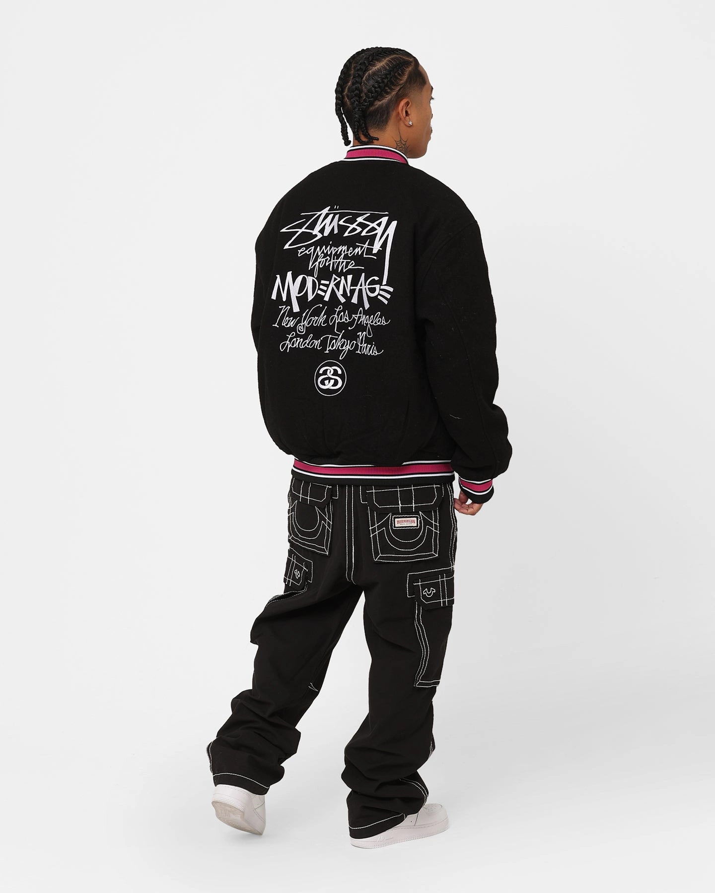 Daily Fit Art Exhibition Stussy Varsity Jacket Black