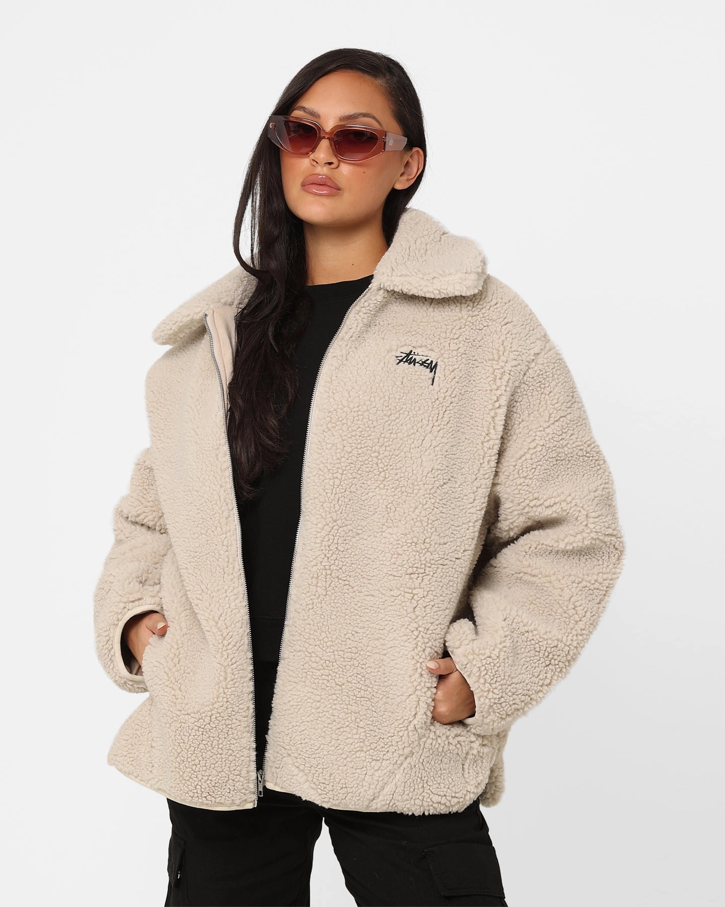 Stussy Women's Dice Sherpa Jacket Winter White TapedSeams Noise Free Movement