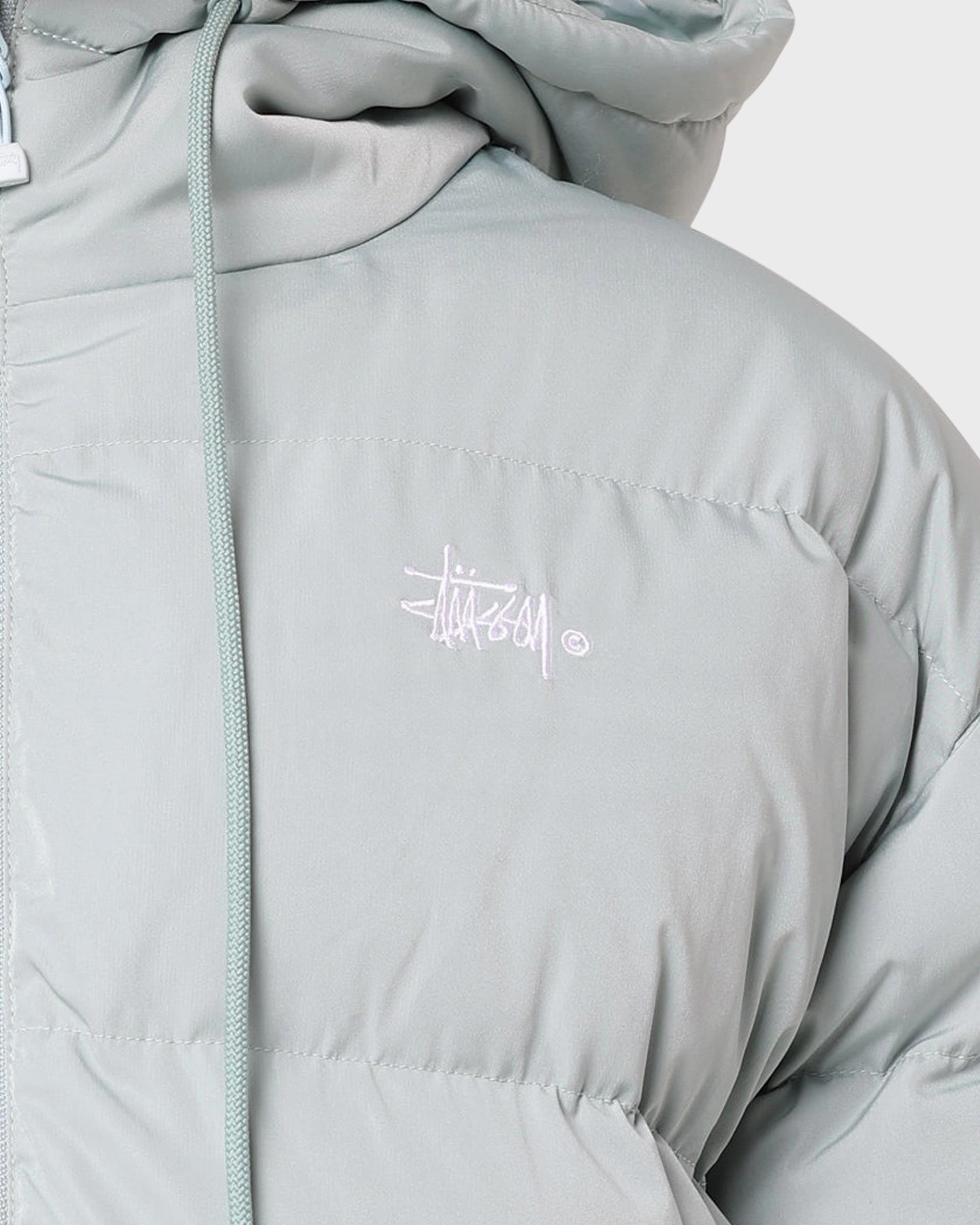Stussy Women's Graffiti Hood Puffer Jacket Basil Premium Zippered Pocket Design