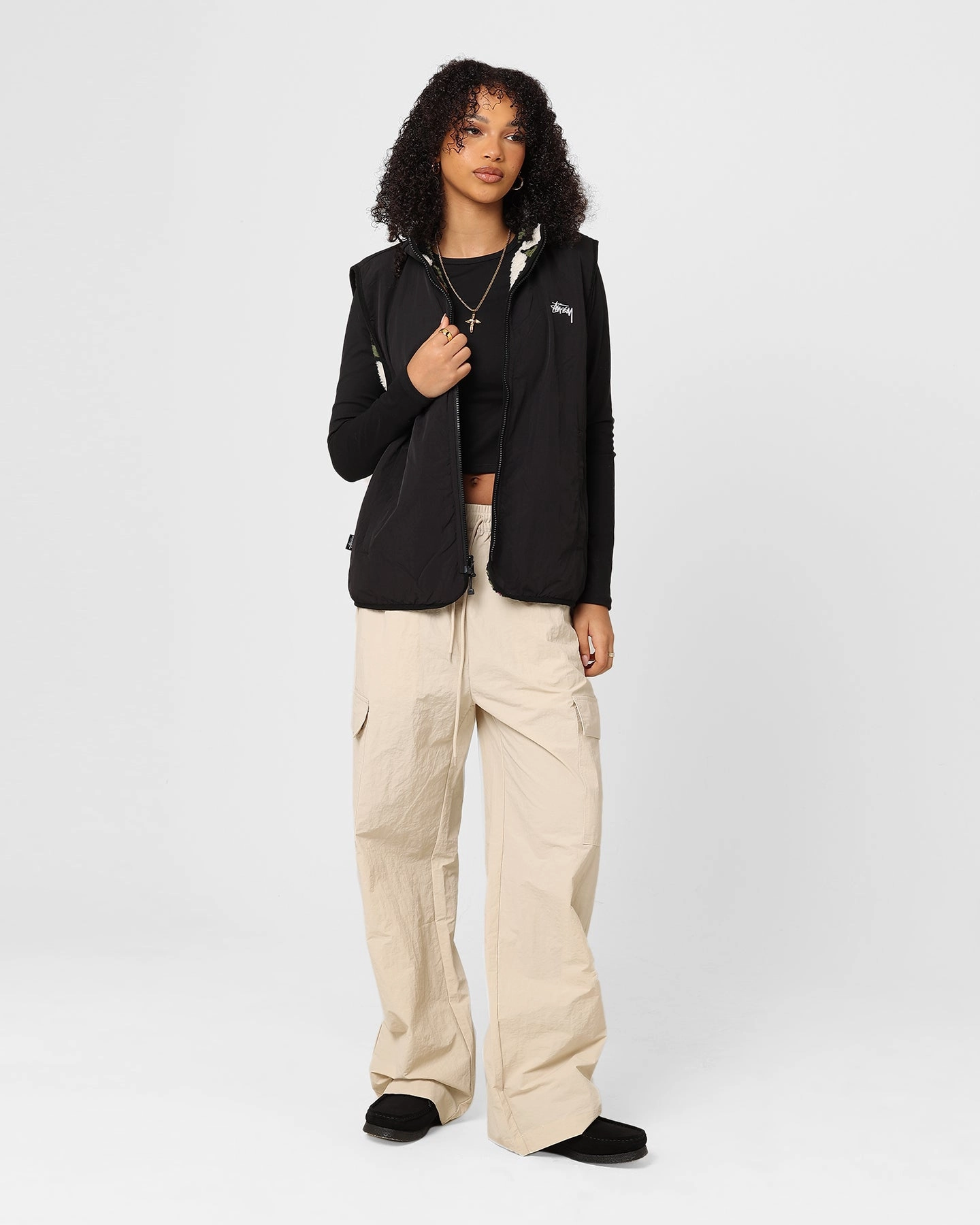 Stussy Women's Reversible Stock Sherpa Vest Natural Plan