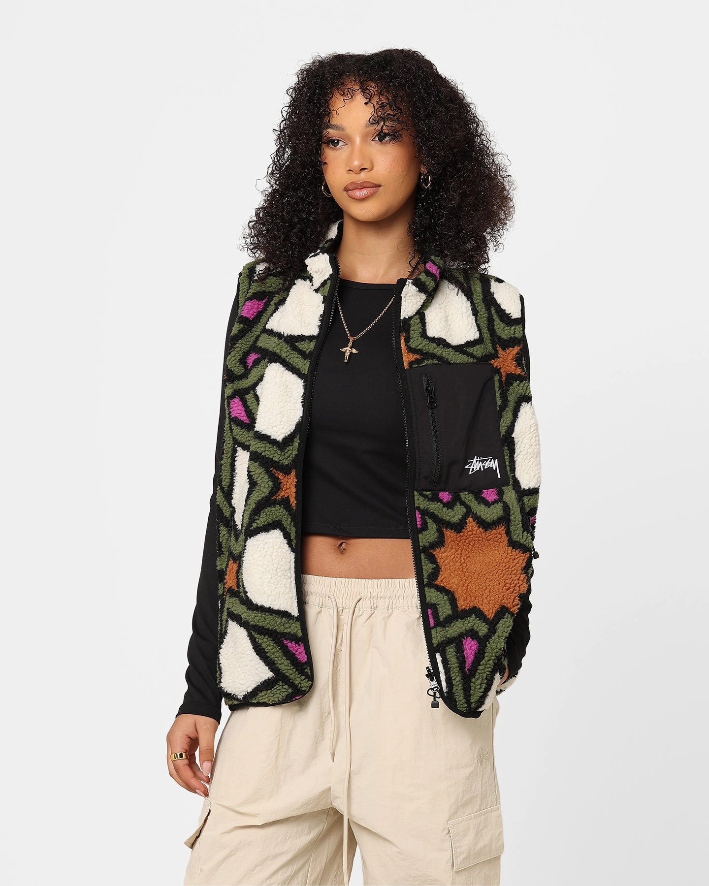 windy Stussy Women's Reversible Stock Sherpa Vest Natural