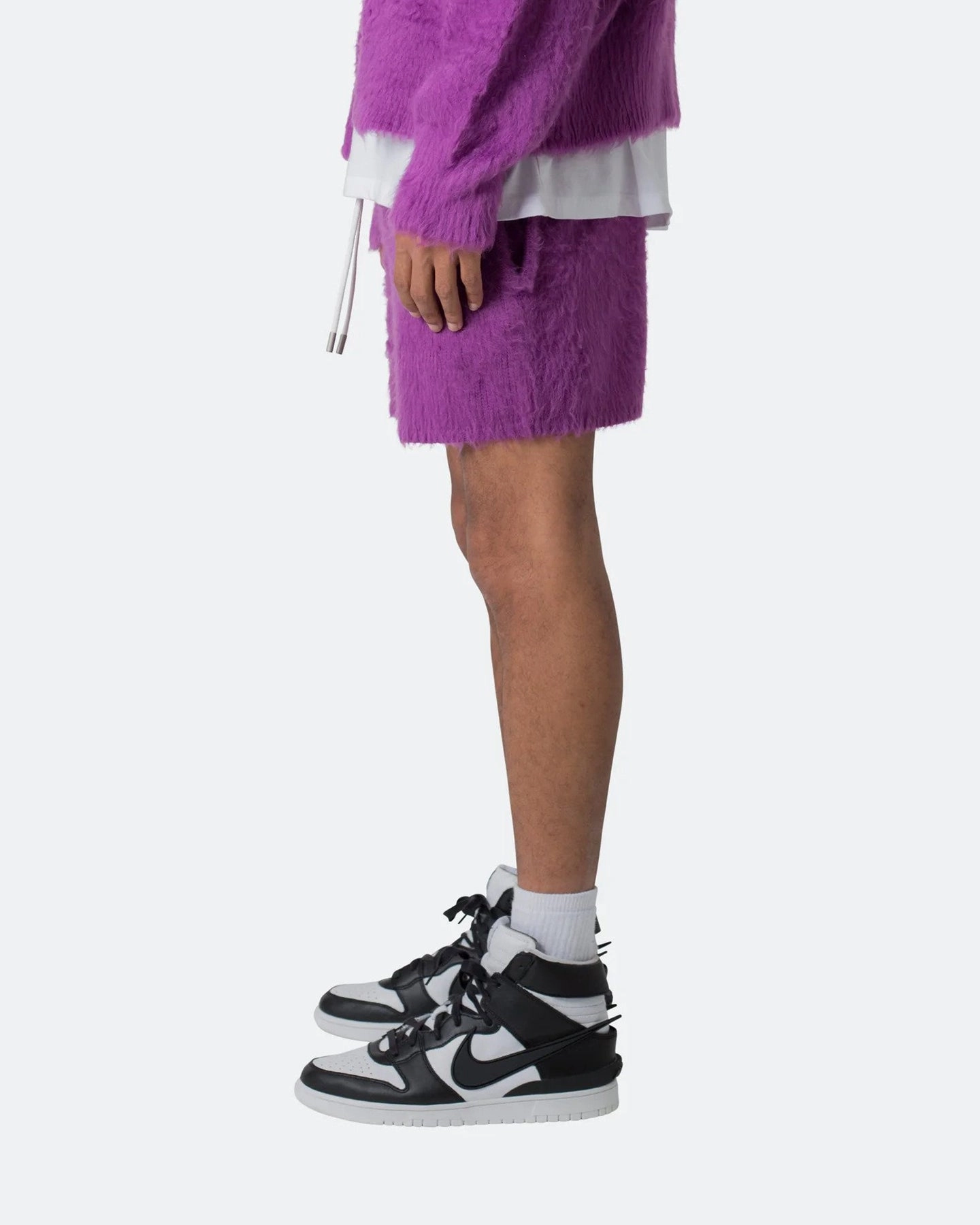 MNML Fuzzy Sweat Shorts Purple snap closure