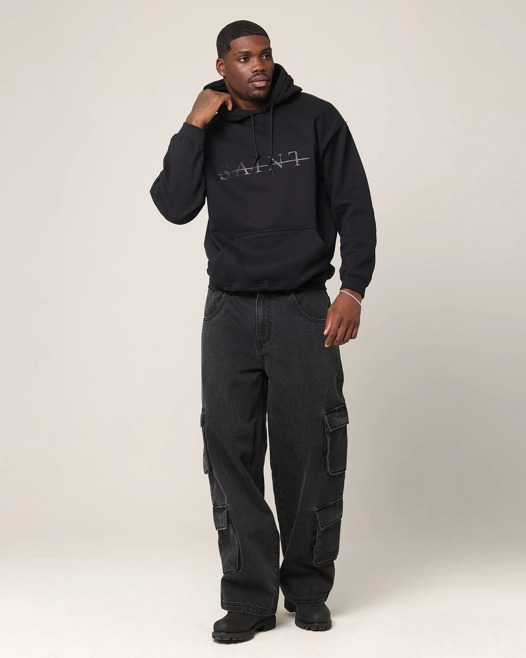 Drop Hem Zip Off Detailing Saint Morta Strikeout Hoodie Black