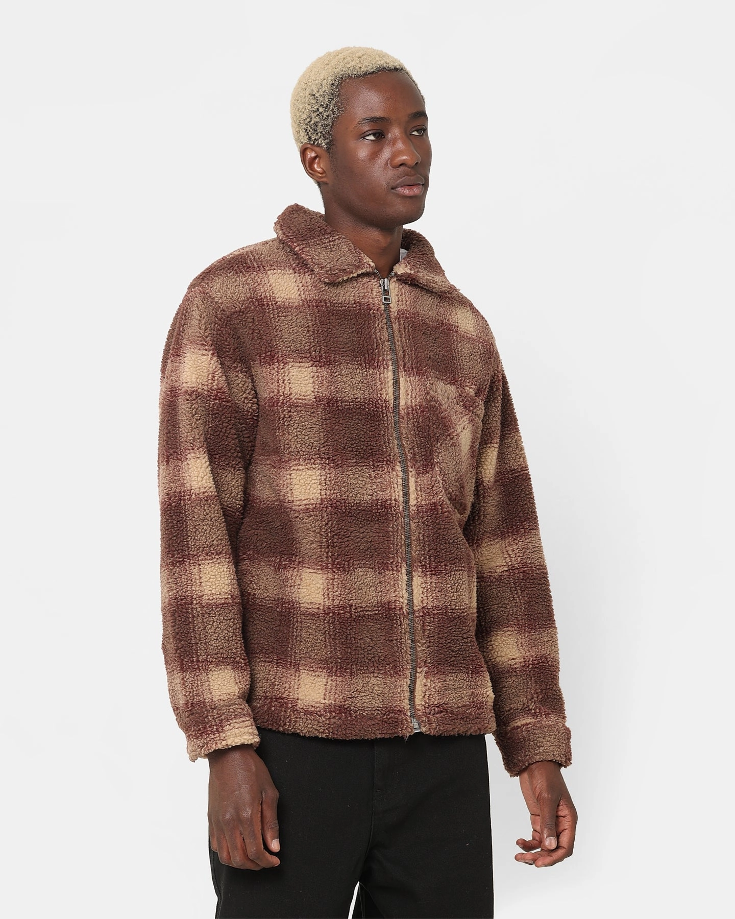 Functional Layer Stussy Shadow Plaid Sherpa Zip Shirt Brown