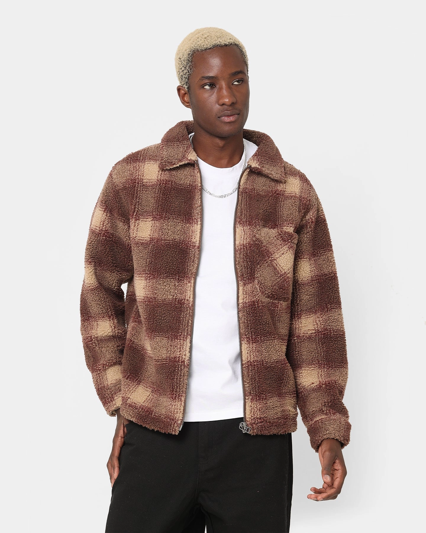 Stussy Shadow Plaid Sherpa Zip Shirt Brown Flexible Hem Layer Versatility