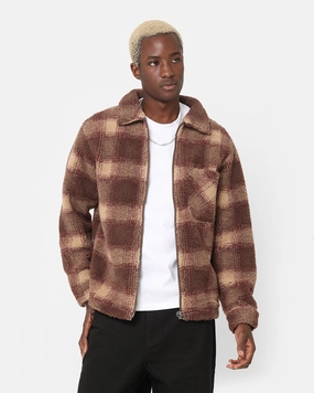 Stussy Shadow Plaid Sherpa Zip Shirt Brown Flexible Hem Layer Versatility
