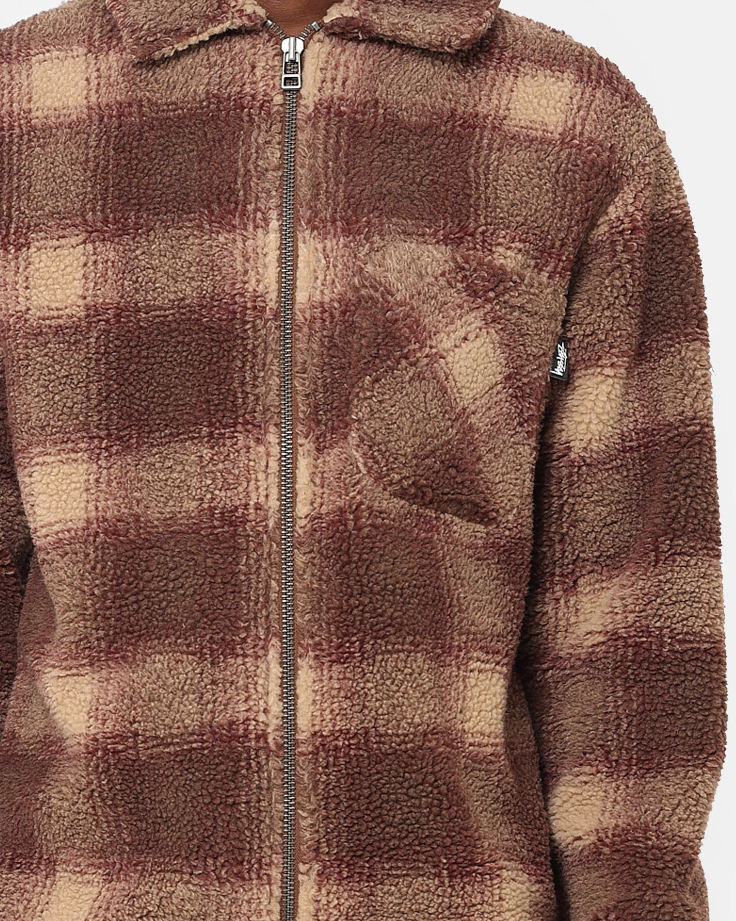 Stussy Shadow Plaid Sherpa Zip Shirt Brown formal dinner Articulated Sleeve Cut