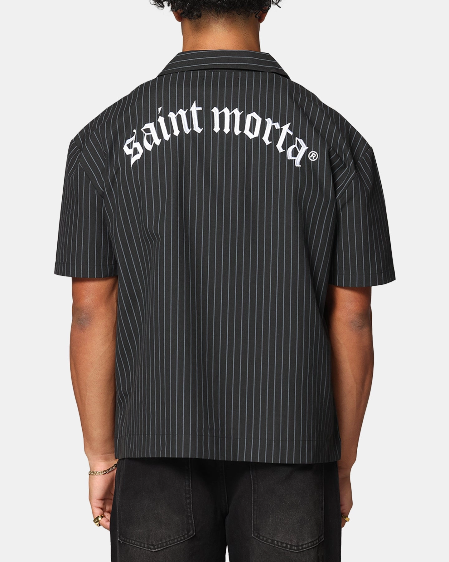 Beach Ready Saint Morta Gothic Pinstripe Button Up Shirt Black