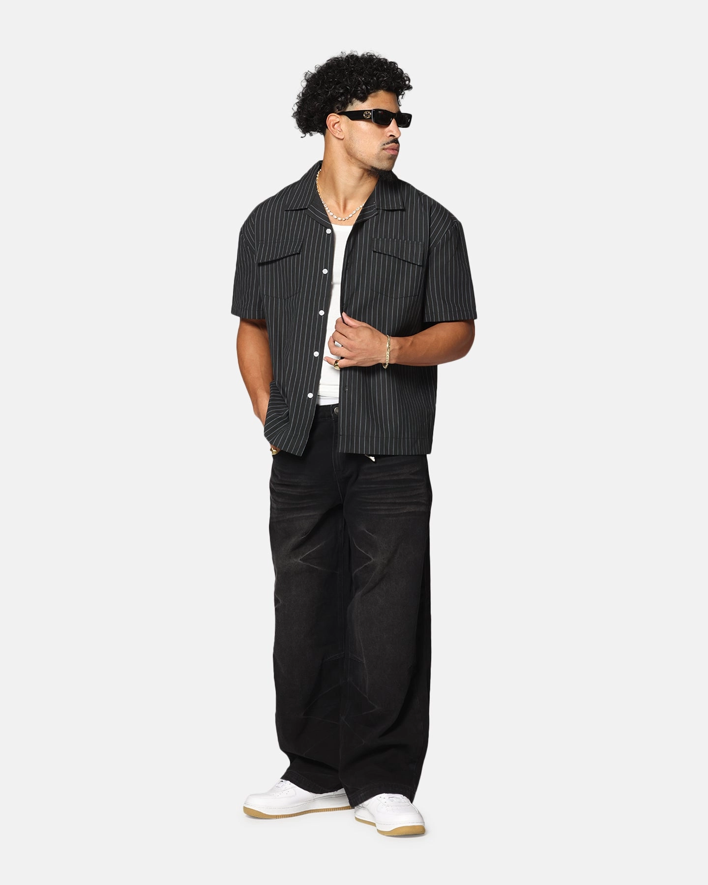 Saint Morta Gothic Pinstripe Button Up Shirt Black No Chafe Edging Fitted Shape