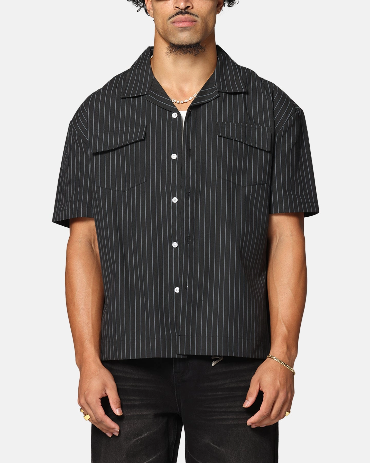 Saint Morta Gothic Pinstripe Button Up Shirt Black Yoke Design