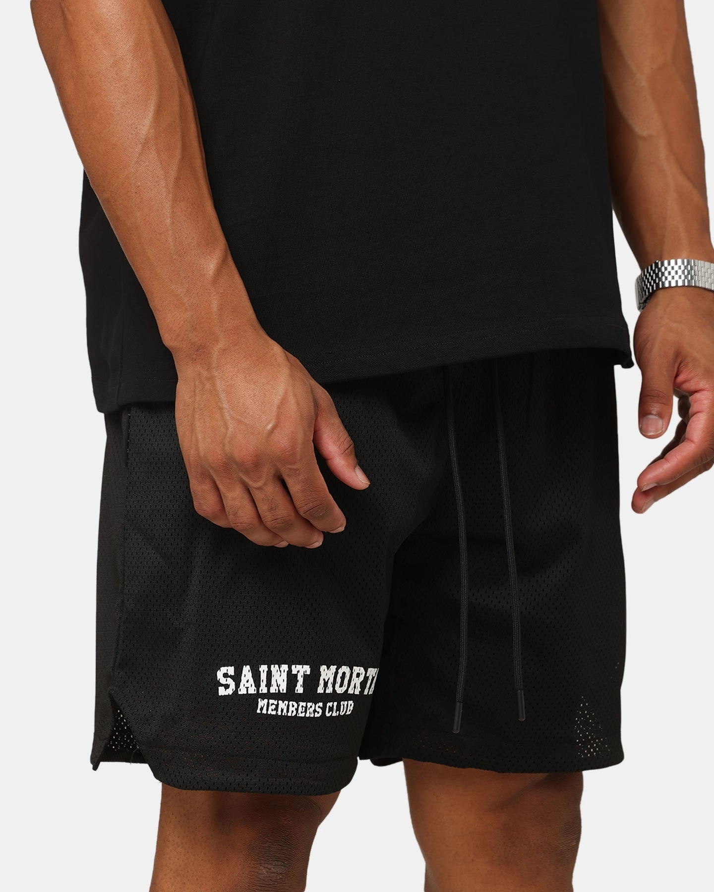 LaserCutEdging Party outfit Saint Morta Members Club Mesh Shorts Black