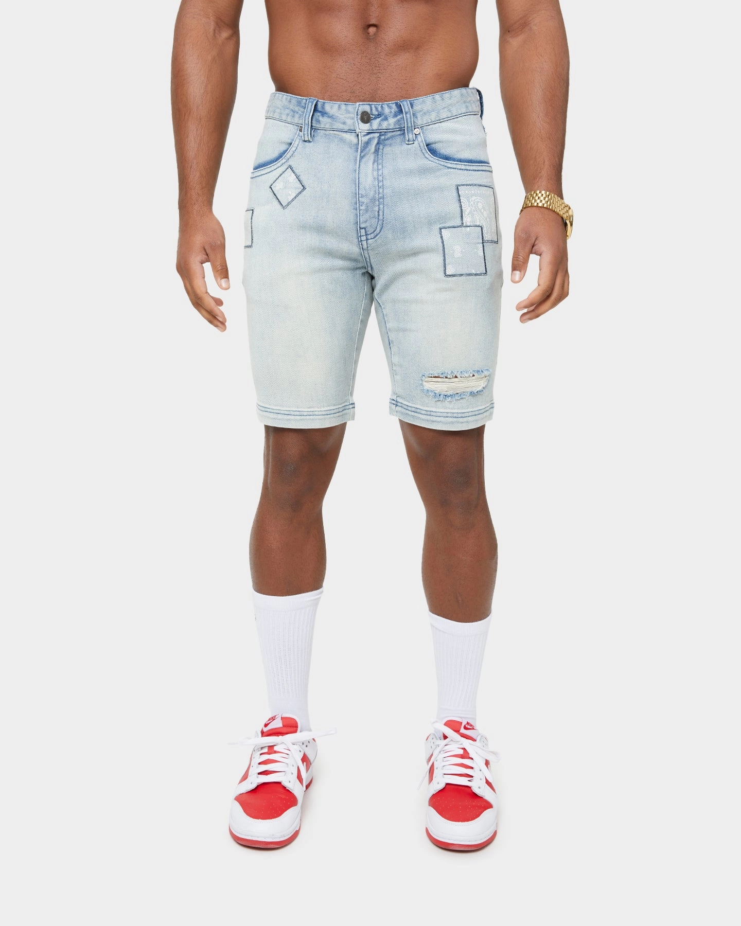 Daily Wear Classic Comfort Carre Bandana Ultra Patchwork Denim Shorts Light Blue