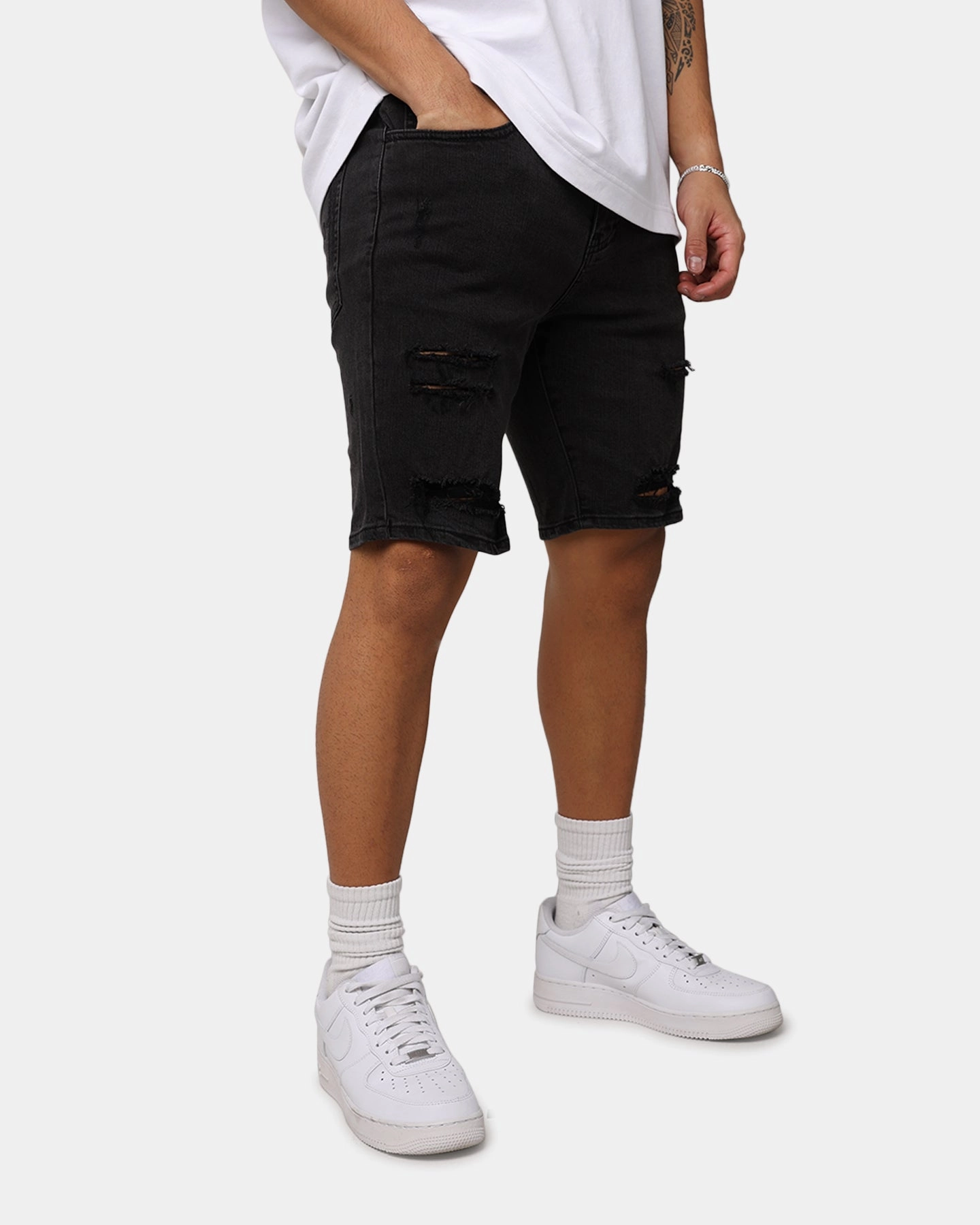 Saint Morta Thrashed Denim Shorts Vintage Black dress shirt