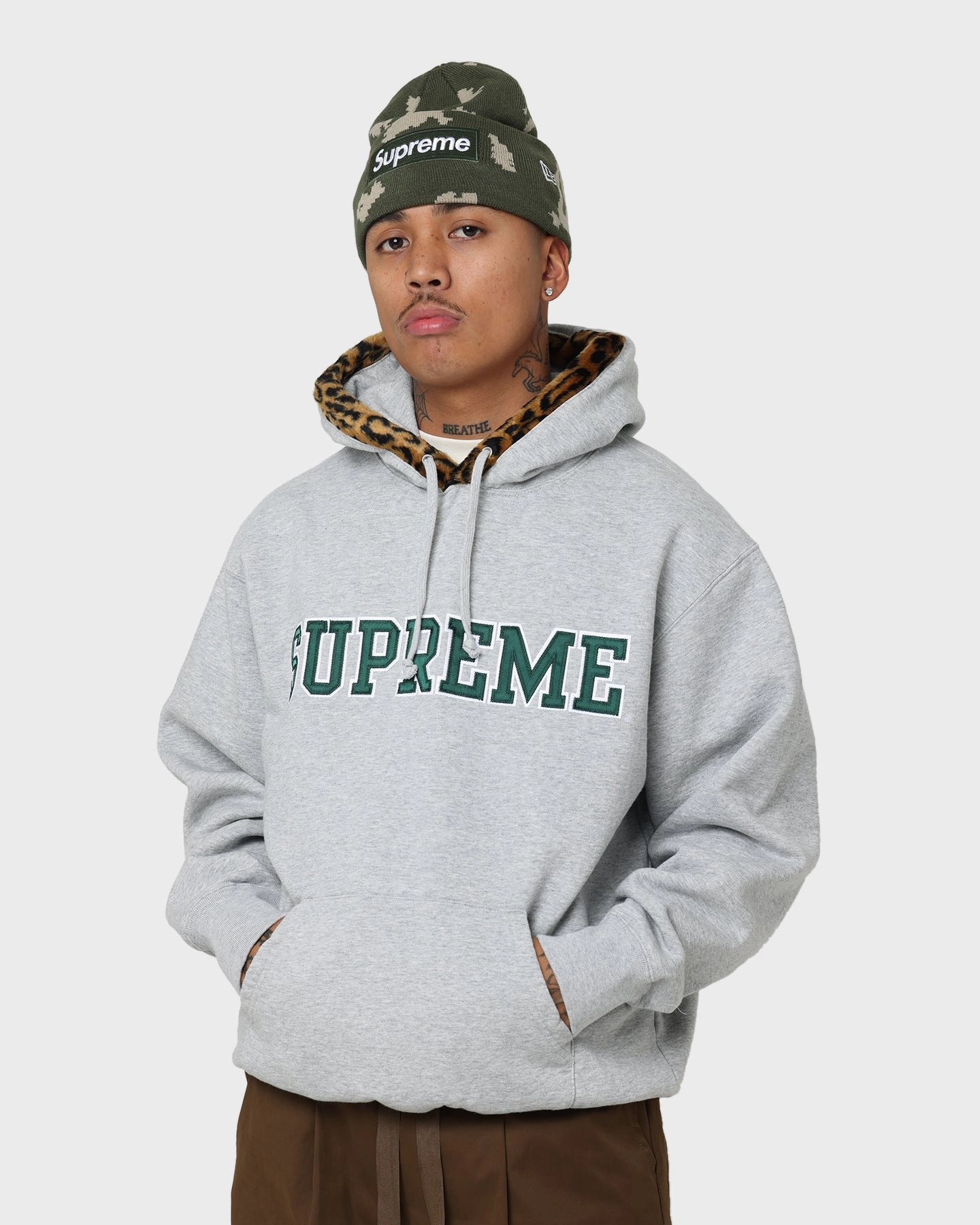 Supreme Leopard Trim Hooded Sweatshirt Grey Hope