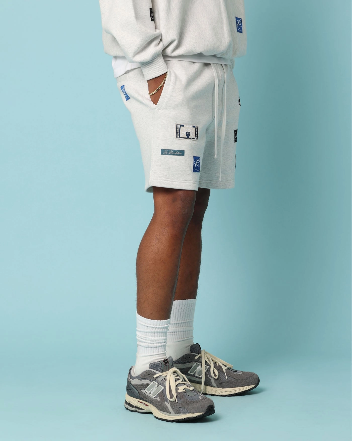 Carr?? Patchwork Sweat Shorts Grey Marle Flatlock stitching