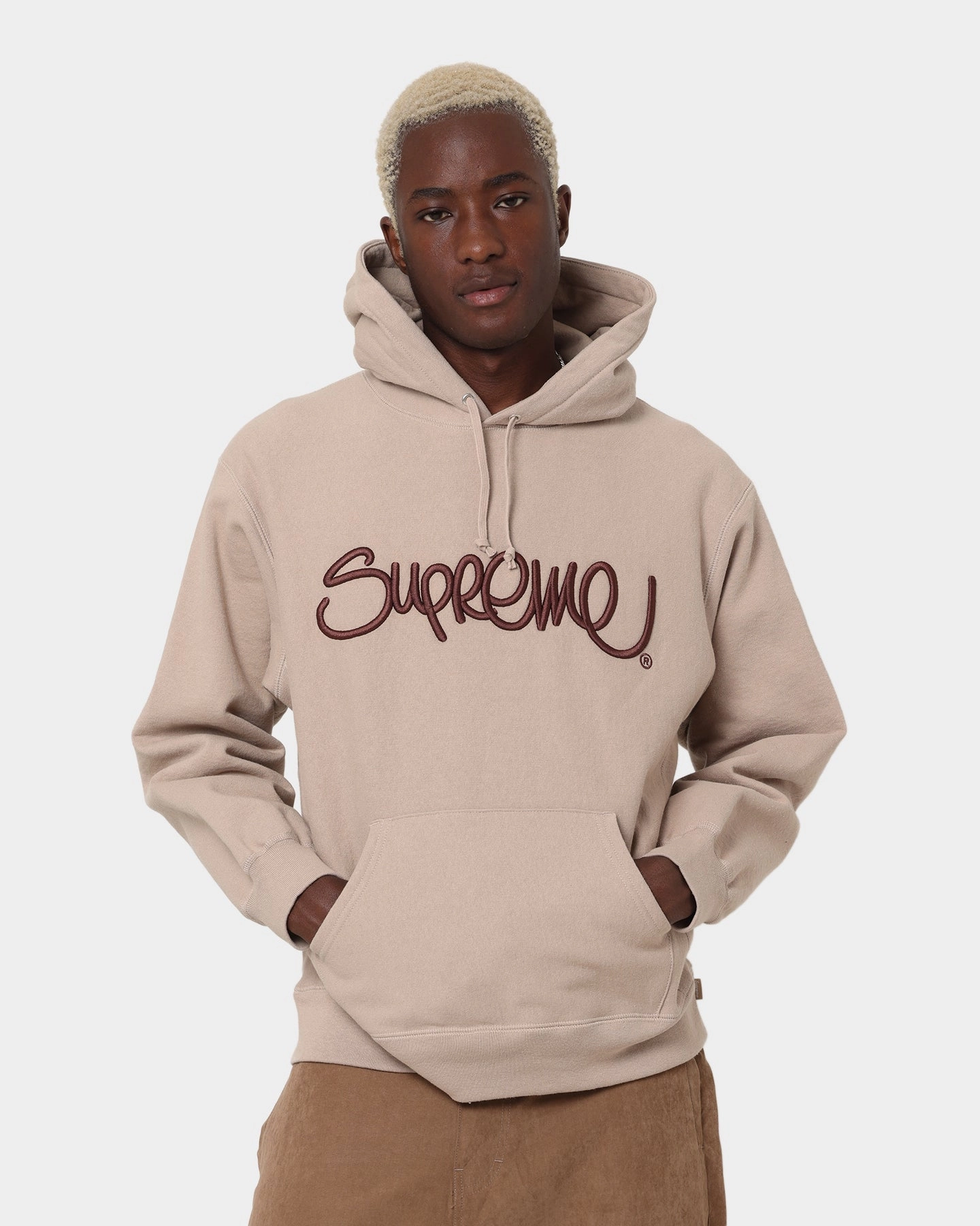 Street Style RipstopFabric Supreme Raised Handstyle Hoodie Brown