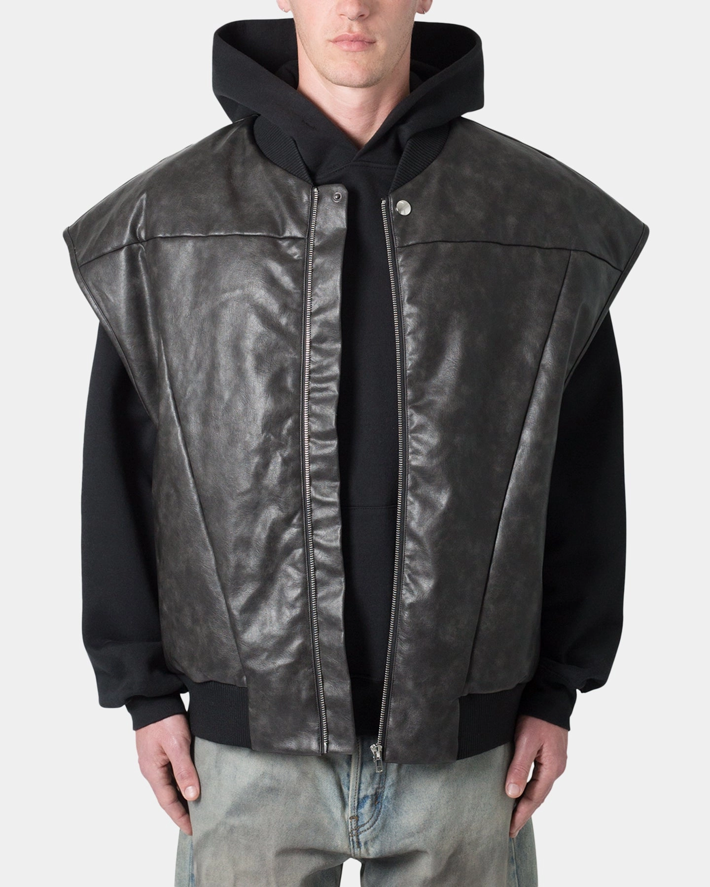 Classic Style Shawl MNML Leather Bomber Vest Black