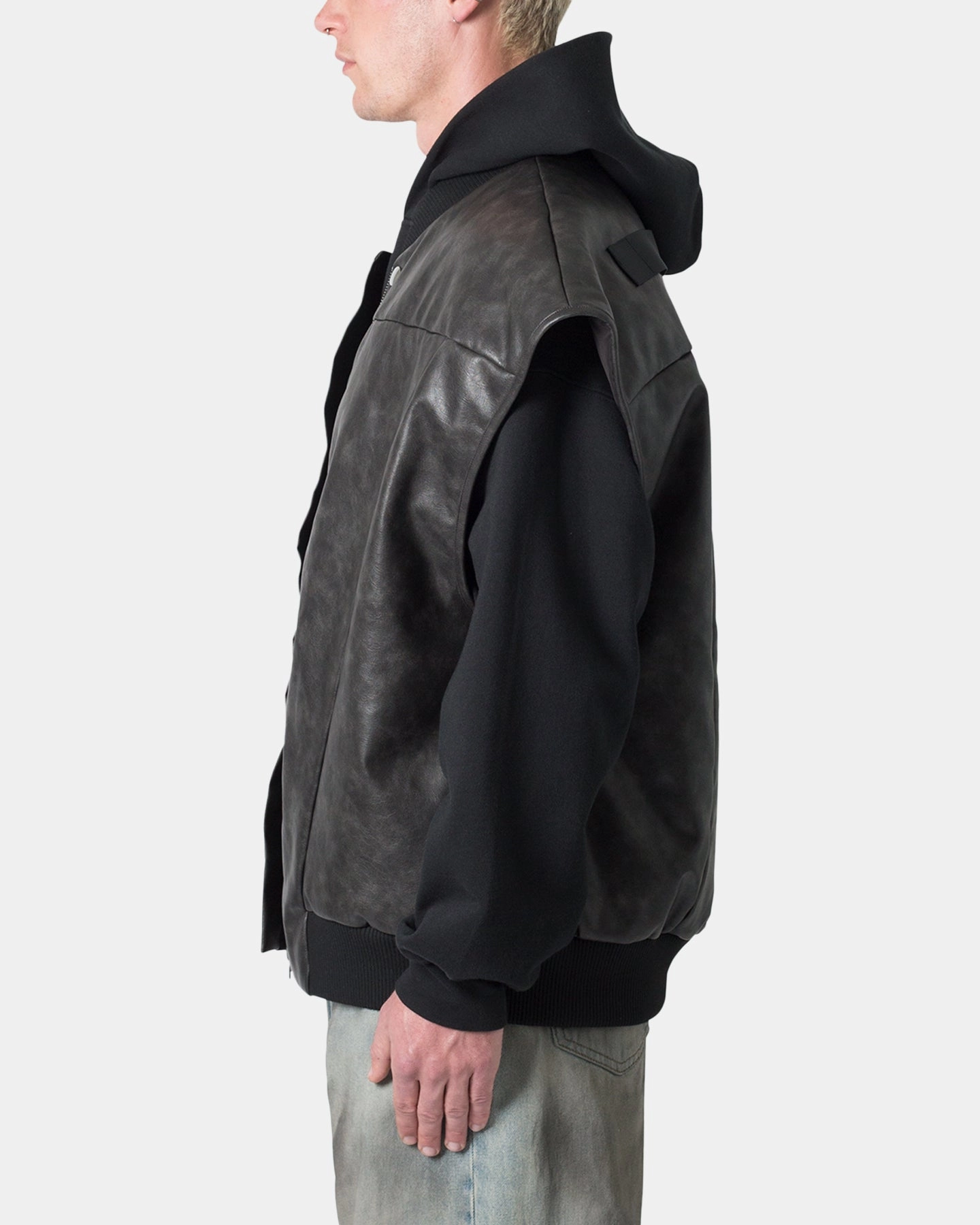 High-Tech Fabric Compact Packable Design MNML Leather Bomber Vest Black