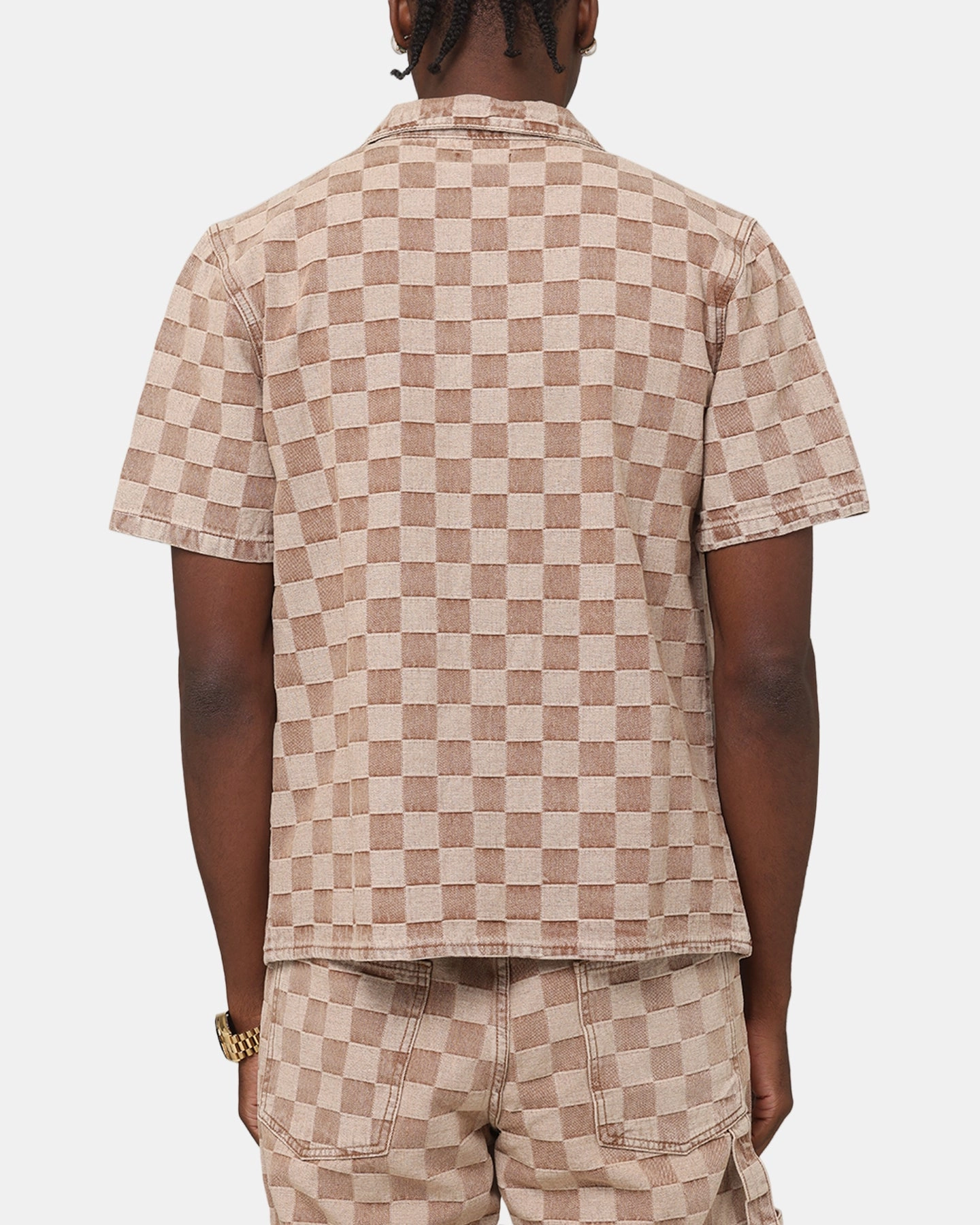 XXIII Checker Board Button Up Shirt Tan Durable Thread Construction
