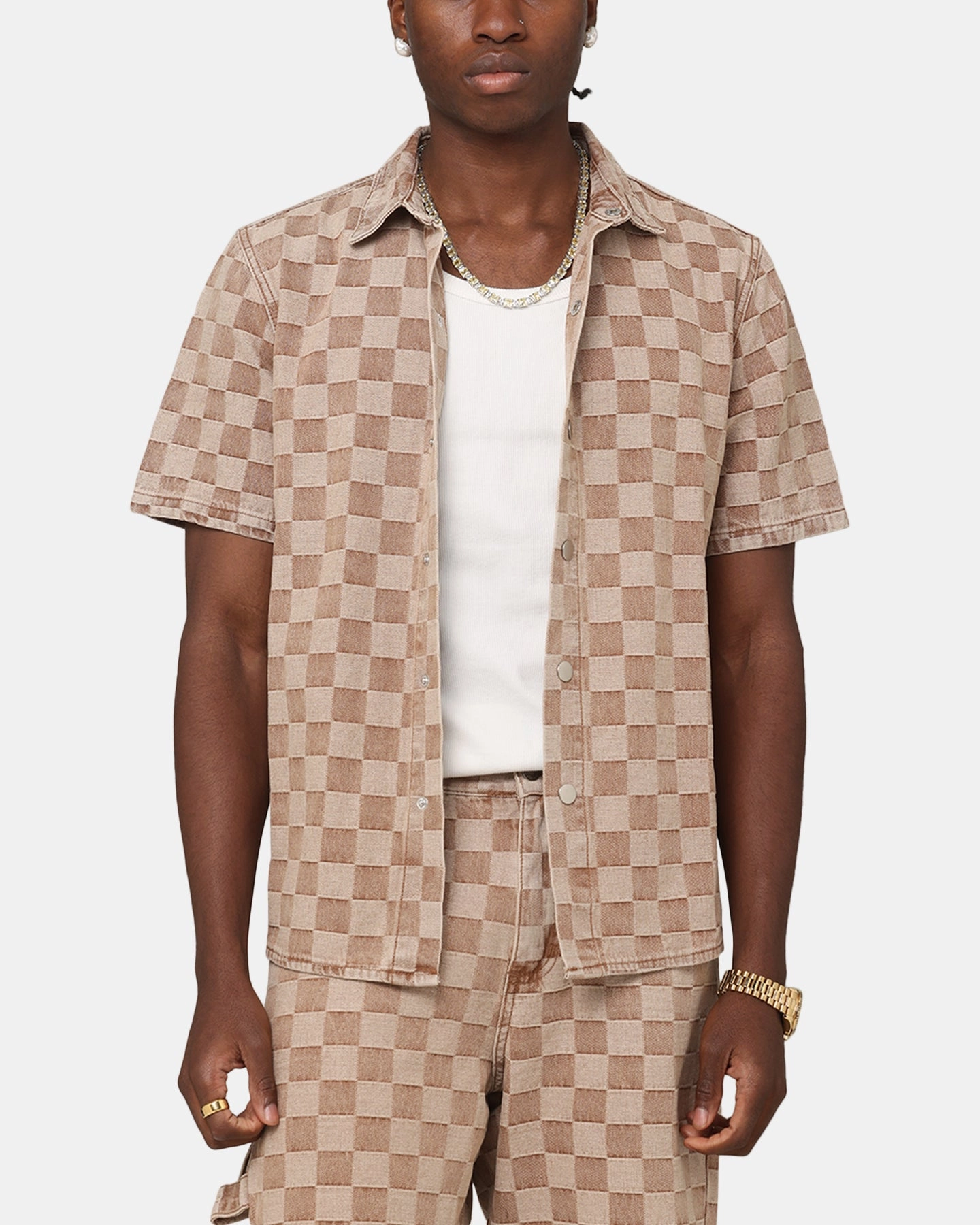 XXIII Checker Board Button Up Shirt Tan Structured Shoulder Support