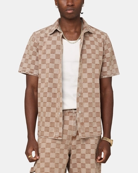 XXIII Checker Board Button Up Shirt Tan Structured Shoulder Support