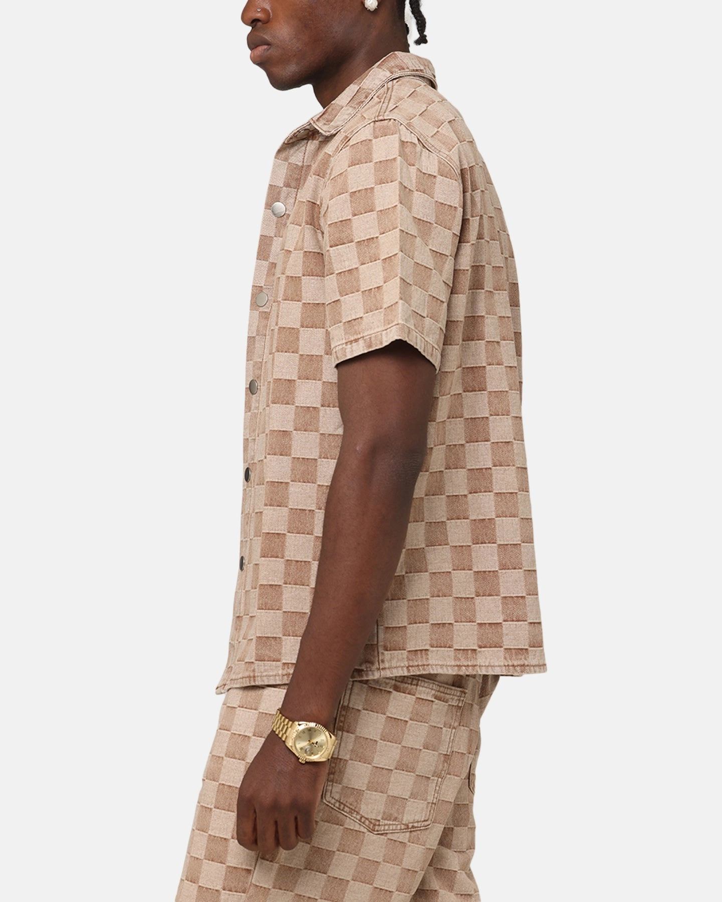 Petite Cut Pastel Shade XXIII Checker Board Button Up Shirt Tan