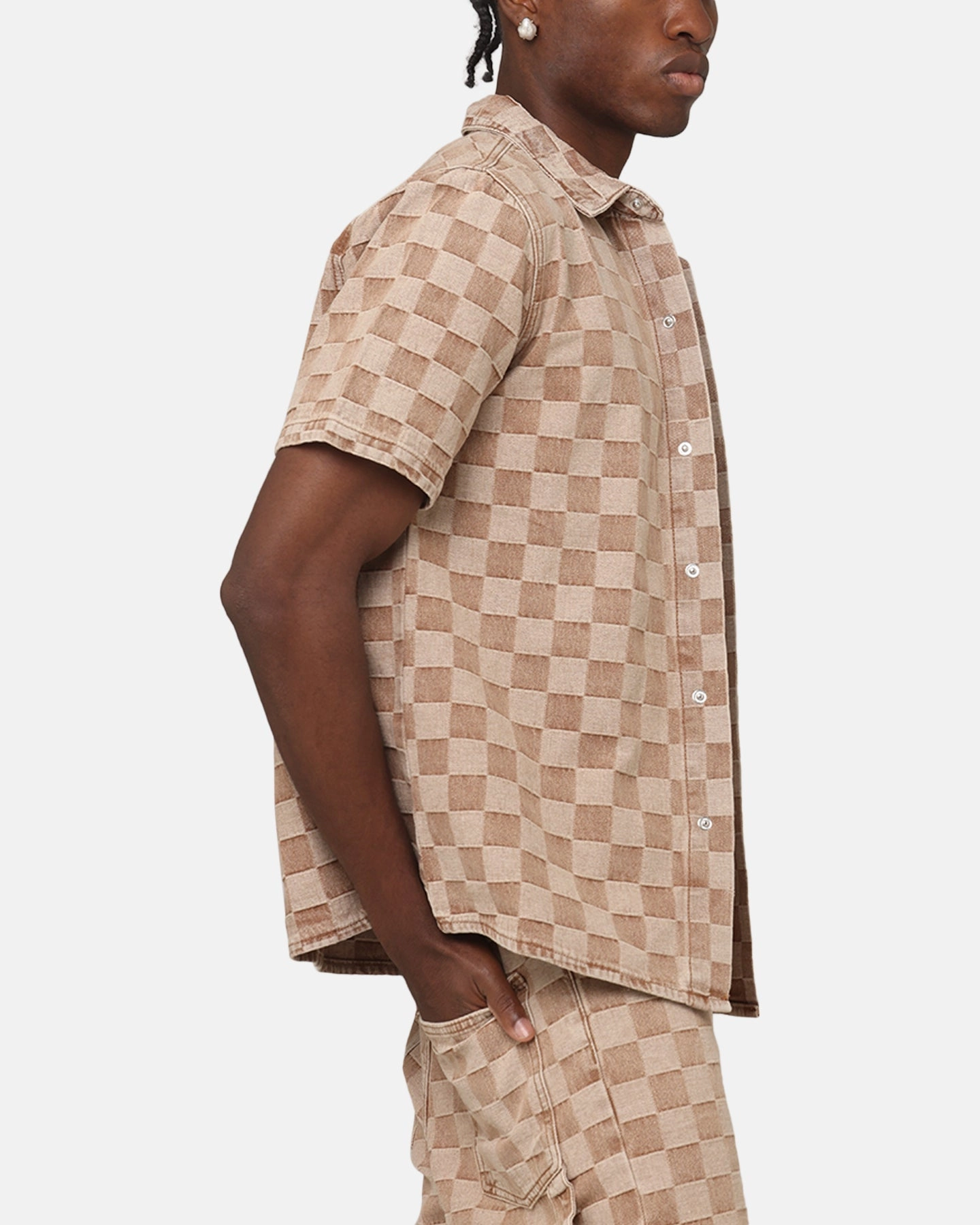 Fashion Forward XXIII Checker Board Button Up Shirt Tan