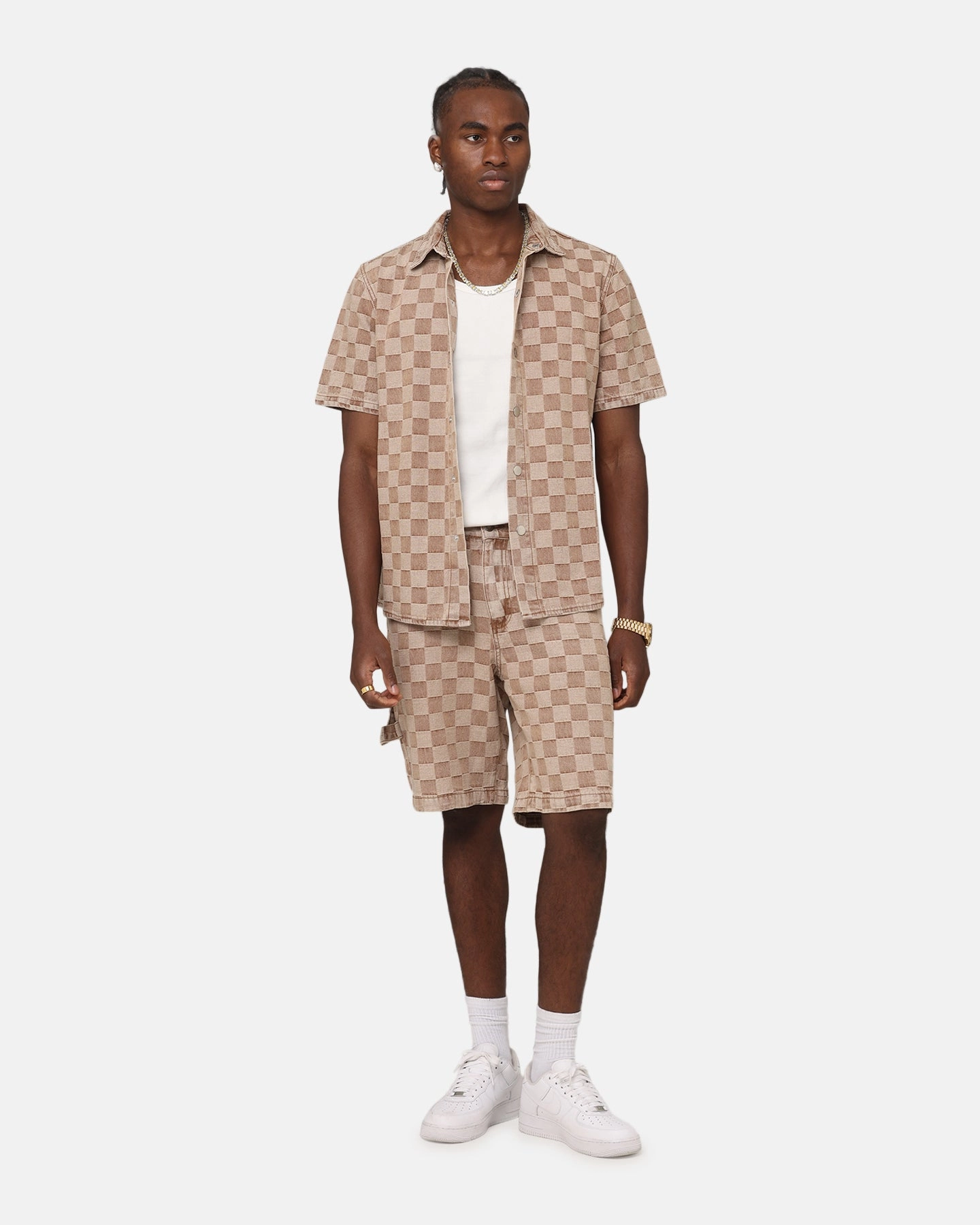 XXIII Checker Board Button Up Shirt Tan Hidden Button Placket Stretchable Material