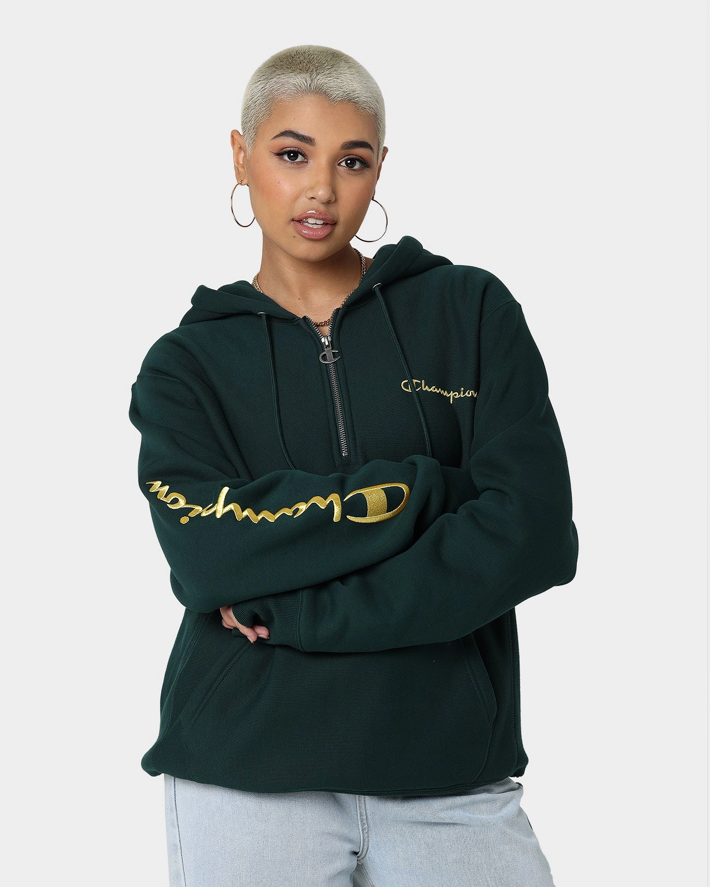 Double Layered Insulation Champion Reverse Weave Quarter Zip Hoodie Midfield Green