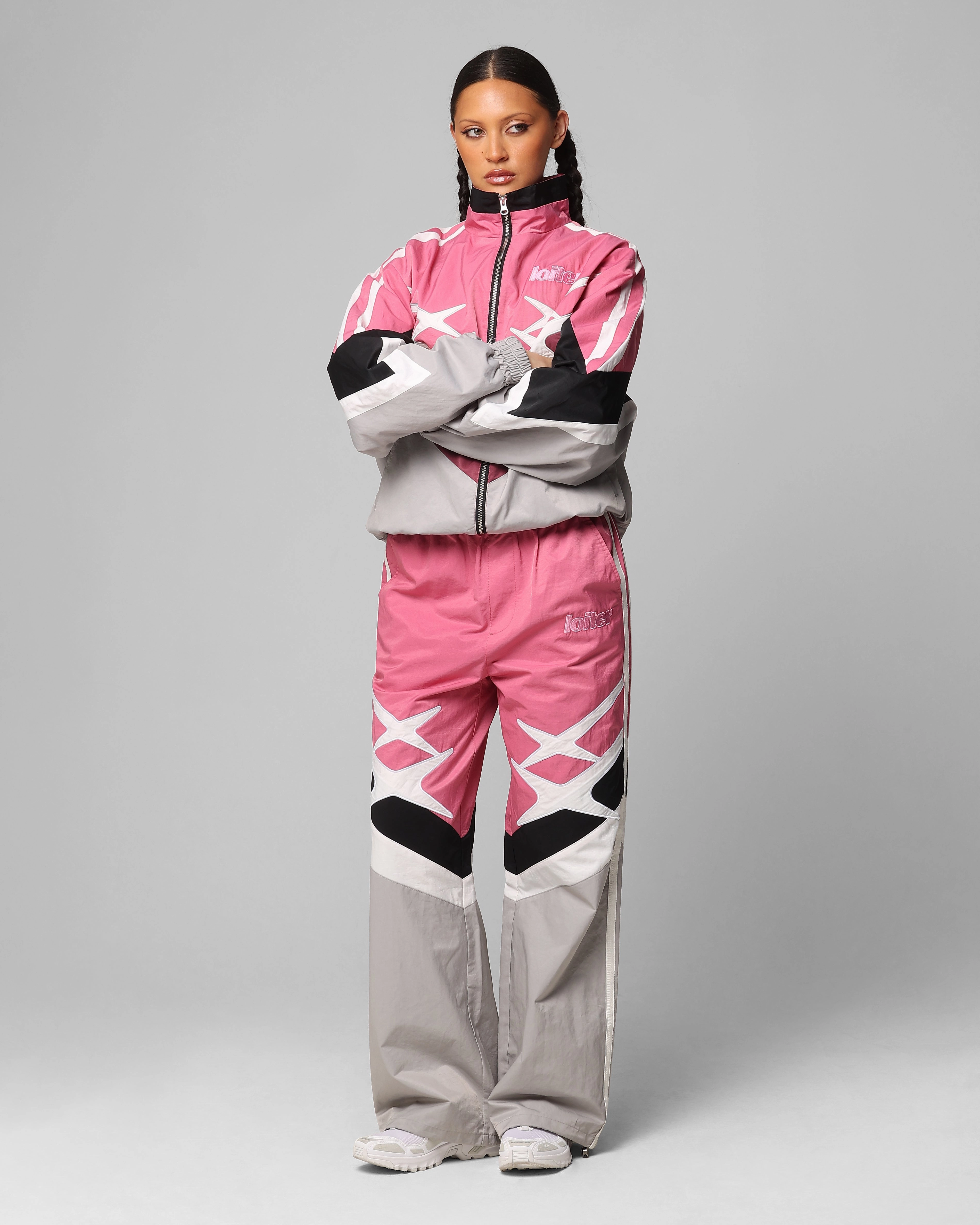 Loiter Hybrid Track Jacket Pink/Grey Frictionless Cuffs suitable for spring activities