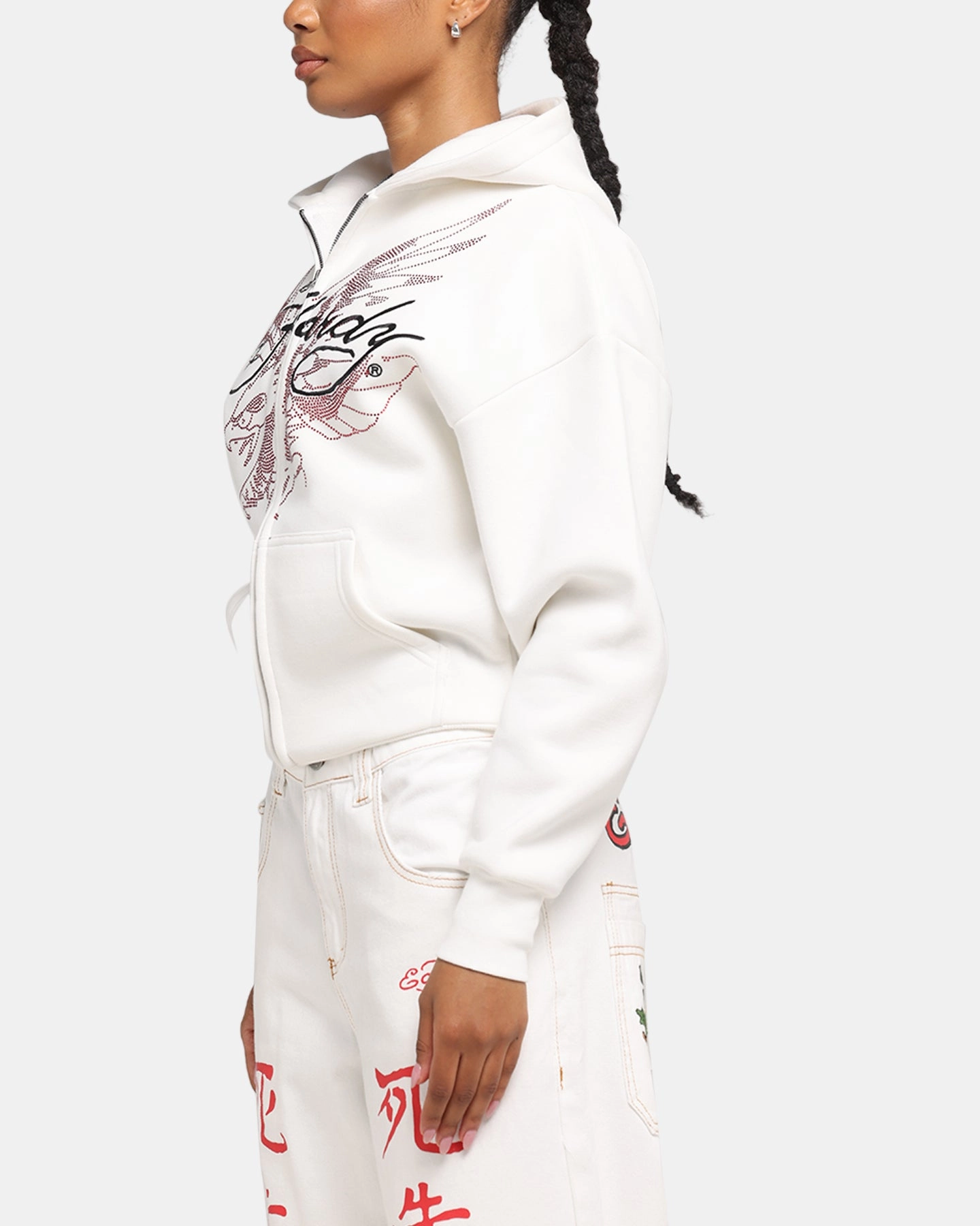 Microfiber Interior Ed Hardy Eagle Rhinestone Zip Hoodie Off White
