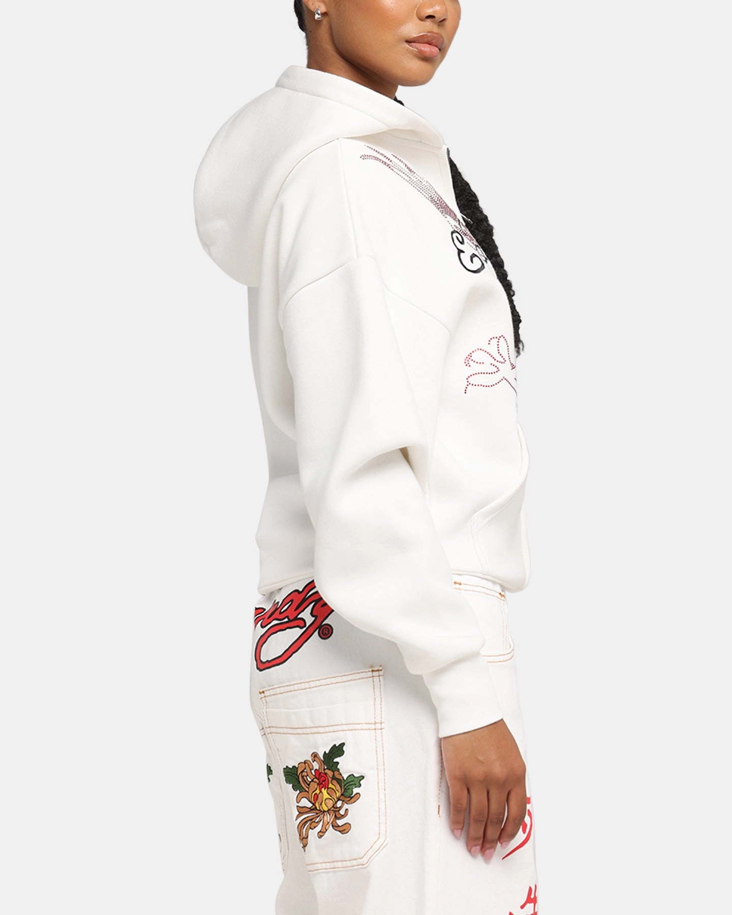 Non Fade Technology Masculine style Ed Hardy Eagle Rhinestone Zip Hoodie Off White