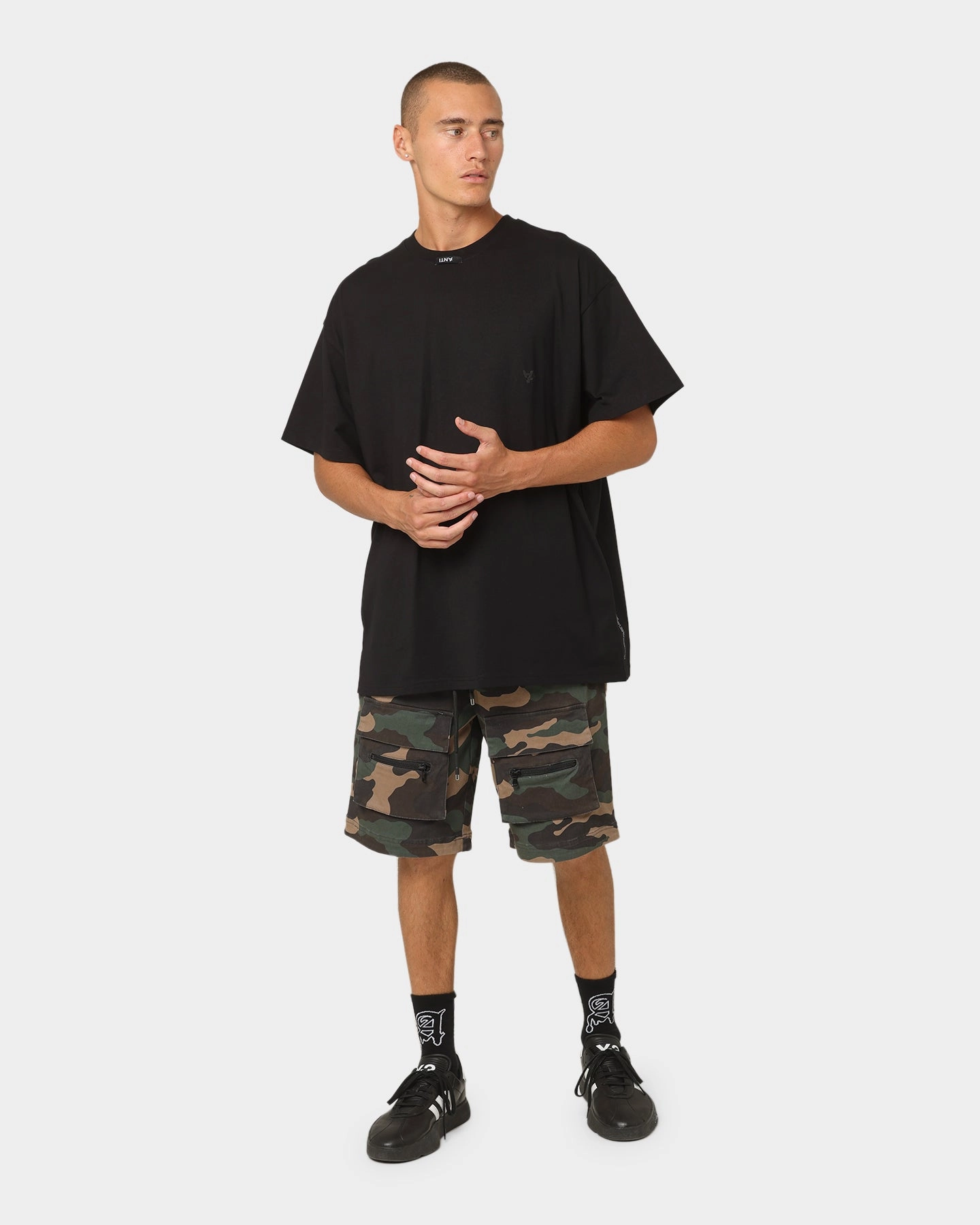 The Anti Order Centurion Cargo Shorts Woodland Camo GussetDesign concert outfit