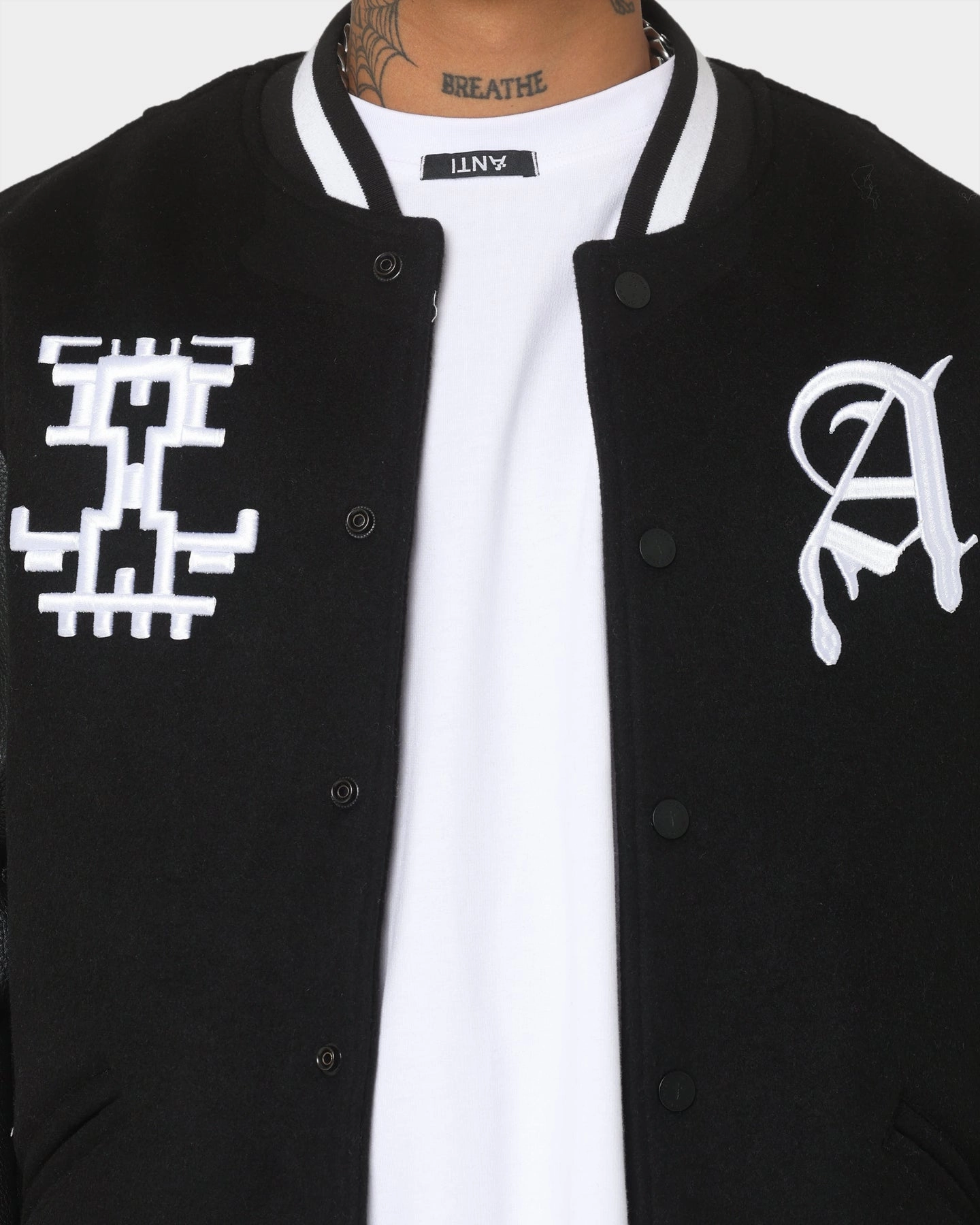 construction workers The Anti Order Dead Pixel Leather Varsity Jacket Black/White