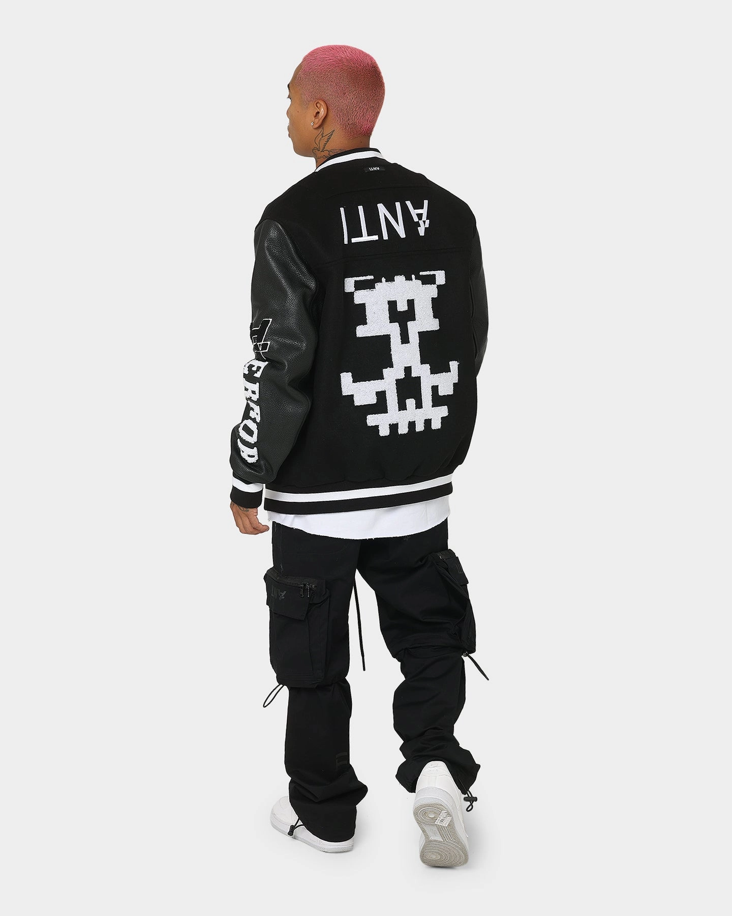 Trendy Protection The Anti Order Dead Pixel Leather Varsity Jacket Black/White