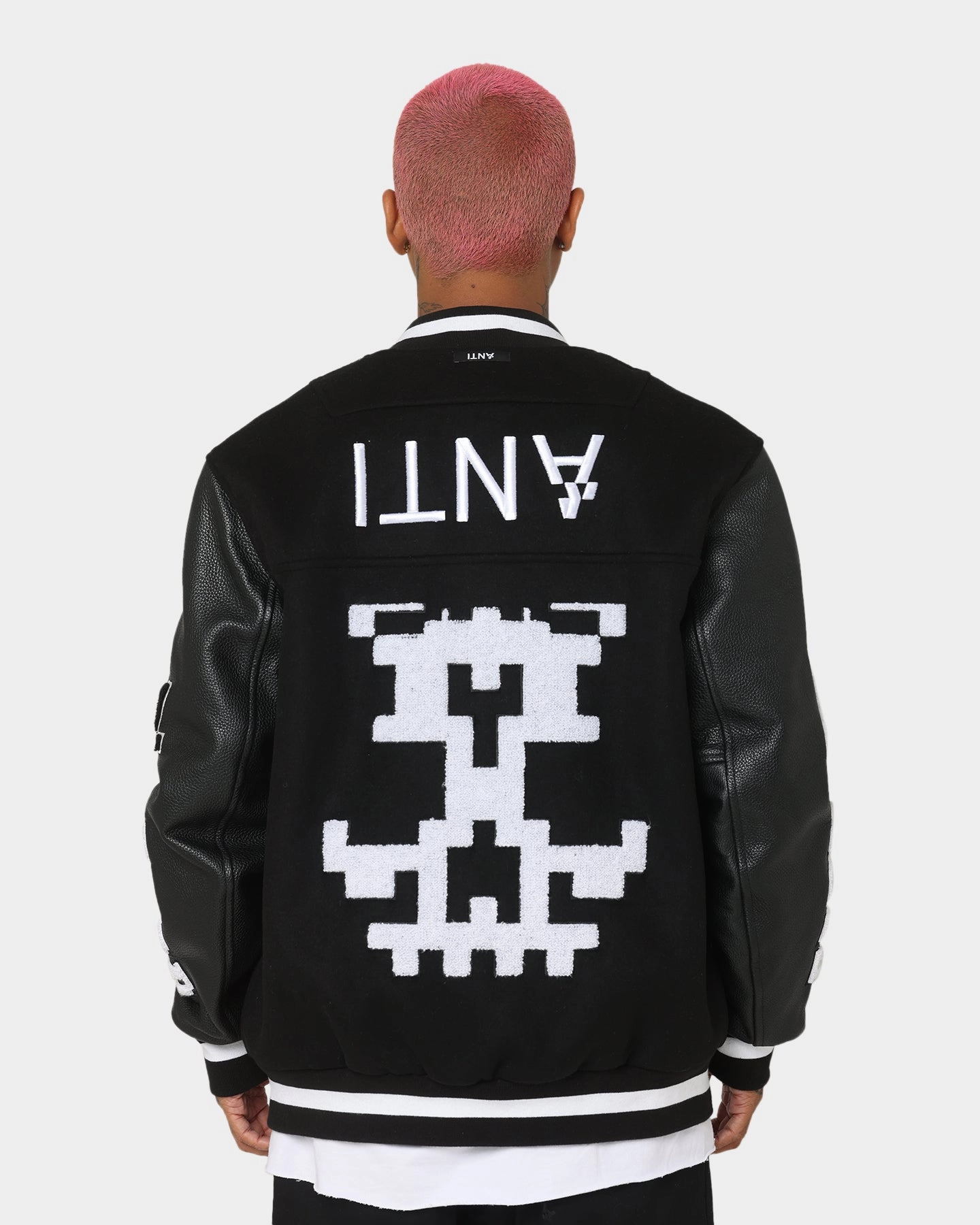 The Anti Order Dead Pixel Leather Varsity Jacket Black/White Contoured Fit
