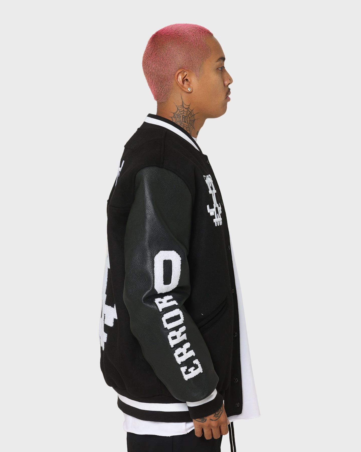 Reinforced Shoulder Panels The Anti Order Dead Pixel Leather Varsity Jacket Black/White