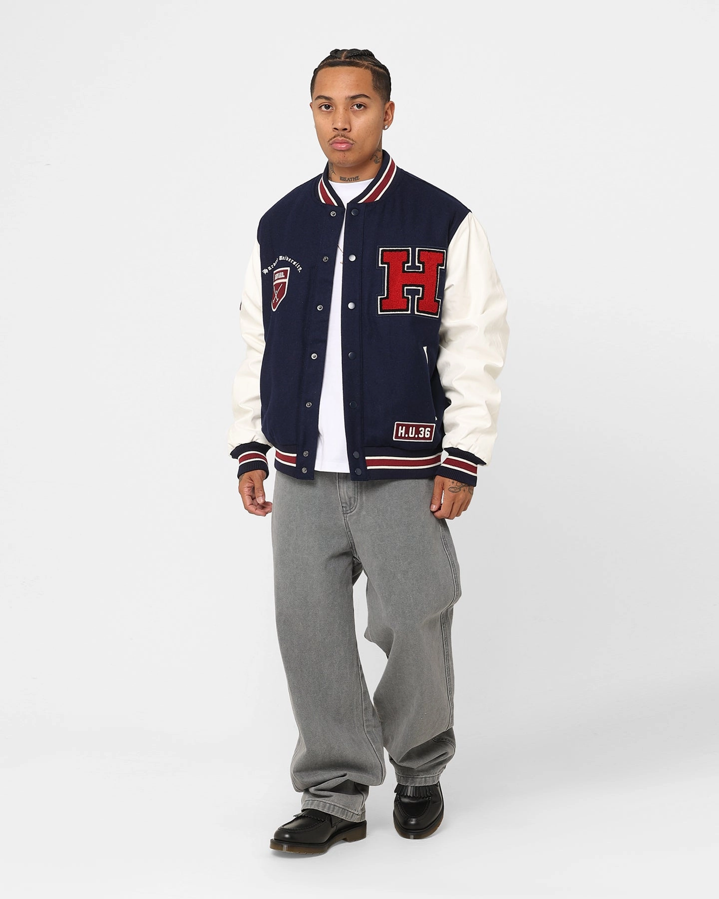 The New Establishment Harvard Two Tone Letterman Jacket Navy/White Fashion Finish Beach Holiday