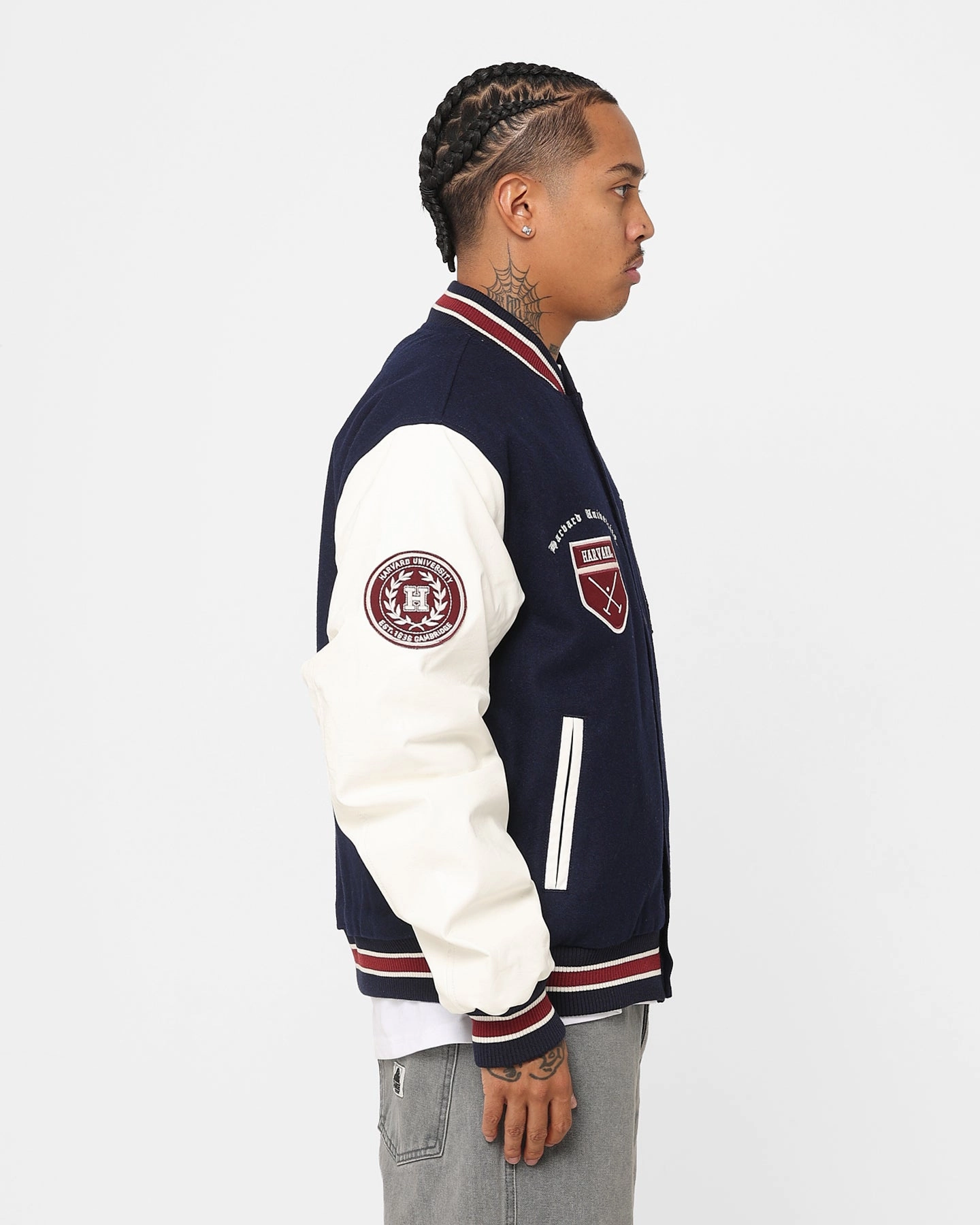 The New Establishment Harvard Two Tone Letterman Jacket Navy/White windproof sunset
