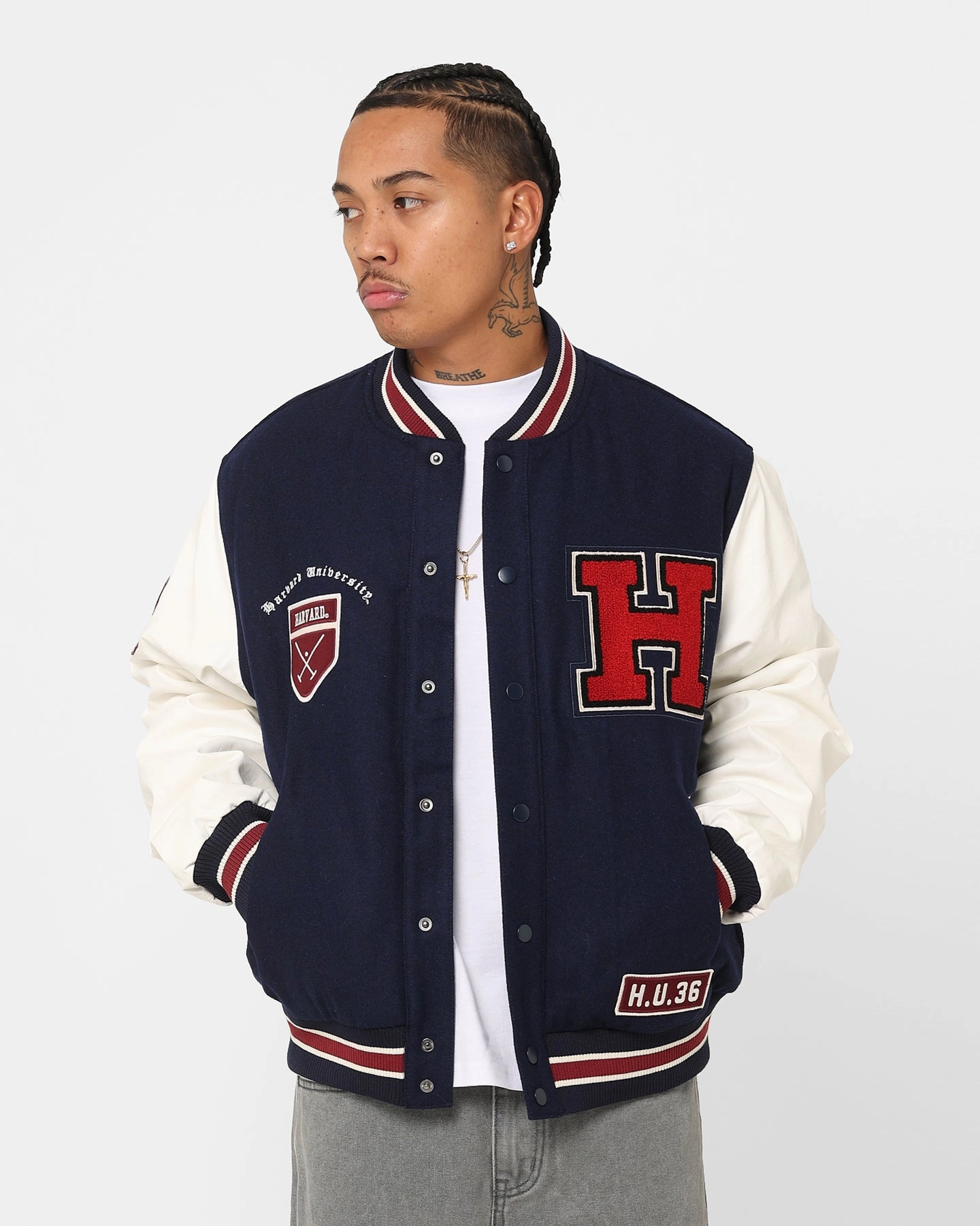 The New Establishment Harvard Two Tone Letterman Jacket Navy/White Rugged Outerwear