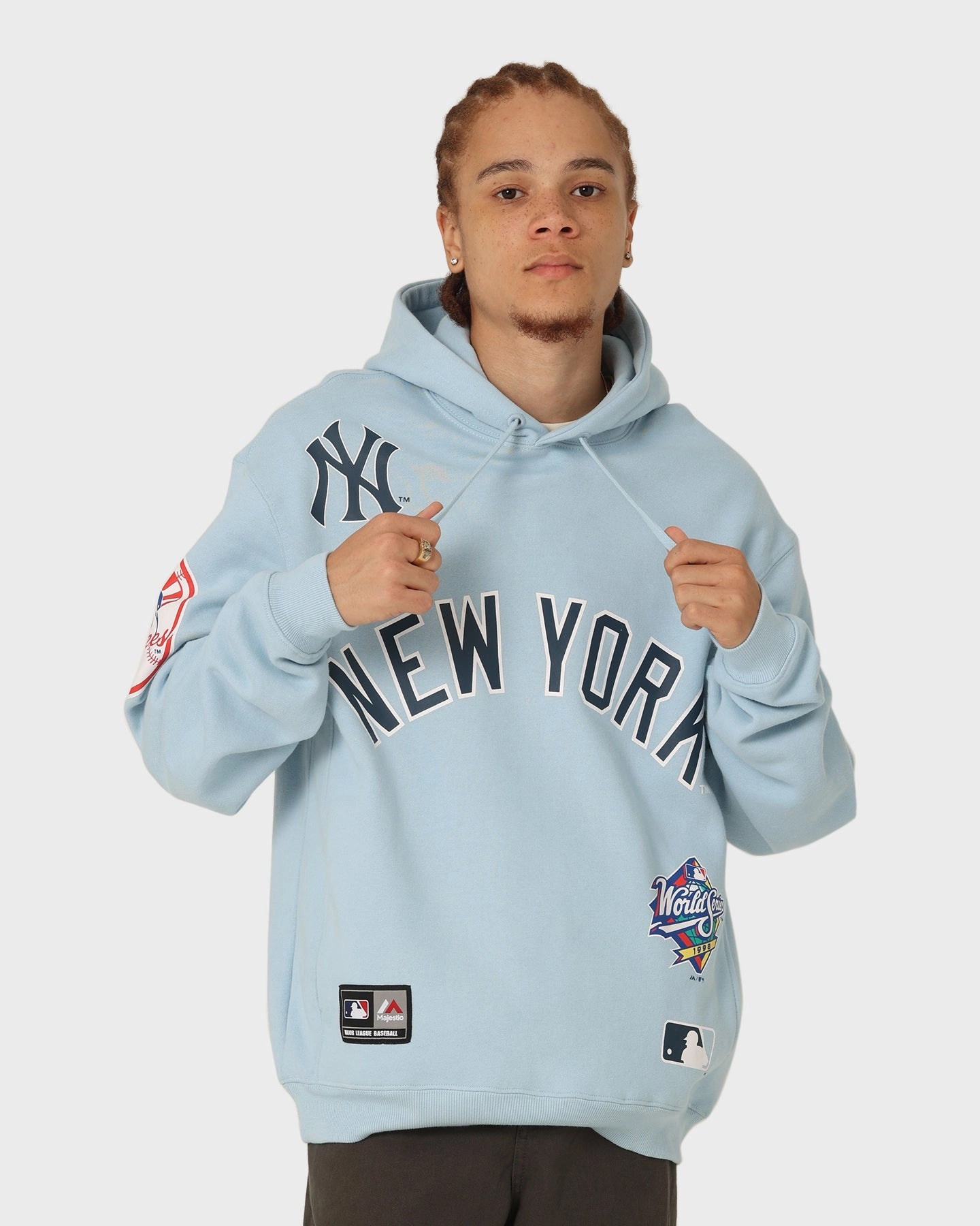 Layered Majestic Athletic New York Yankees World Series Champ Graphic Hoodie Glacial Blue